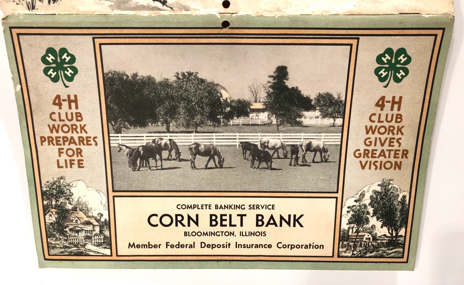 Vintage 1940 Corn Belt Bank Bloomington IL 4-H Calendar Sign In Very Good Shape