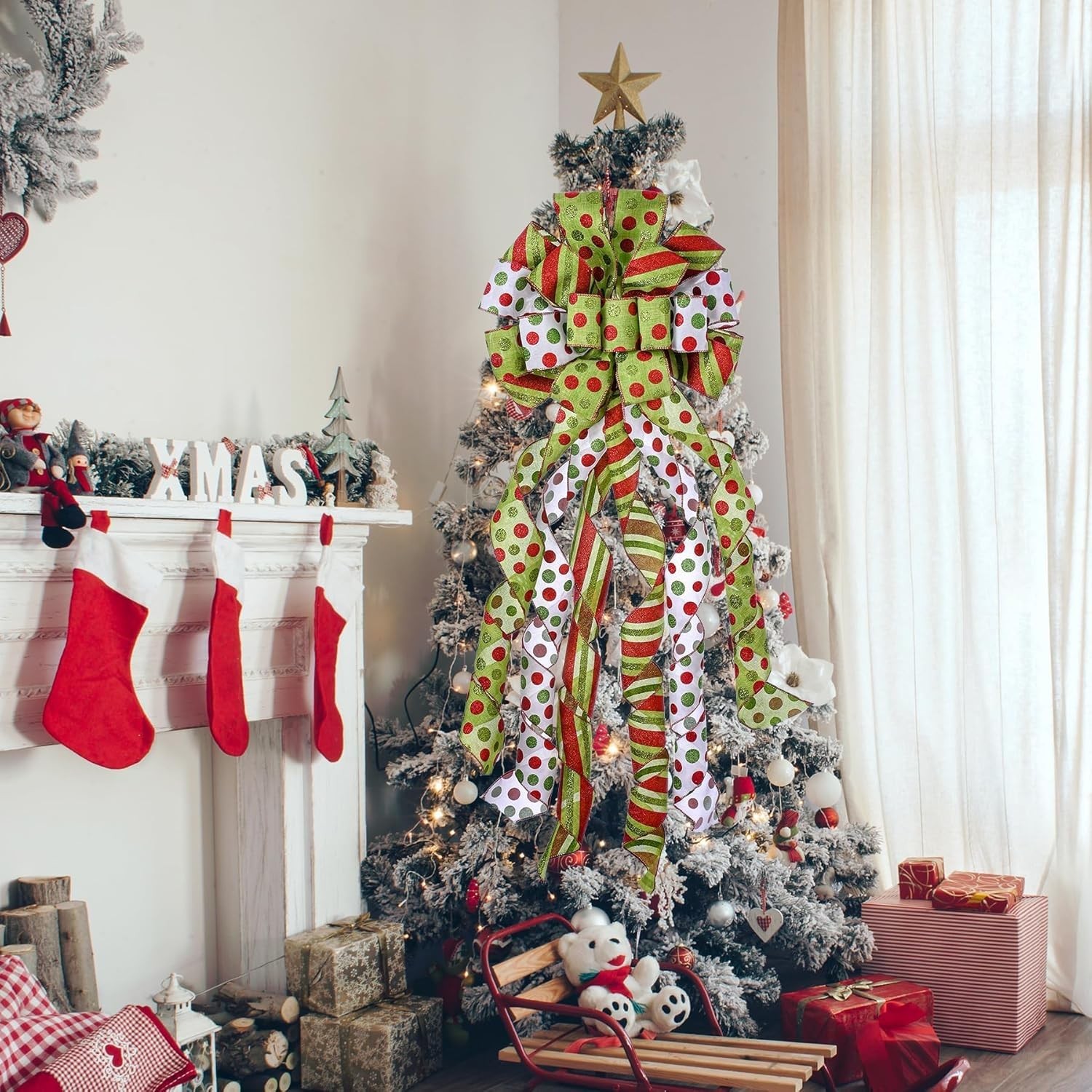Christmas Tree Topper Wreath Bow Large Green Christmas Bow Tree Topper, Red G…