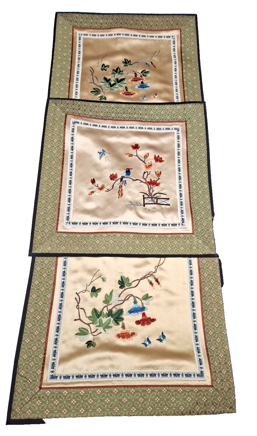 3 Asian Silk Panels Butterflies Flowers Hand Embroidered NEW Matching 13″ Square