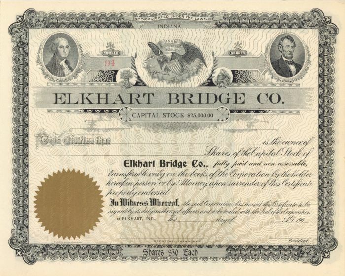 Elkhart Bridge Co. – Stock Certificate – Famous Americans on Stocks & Bonds