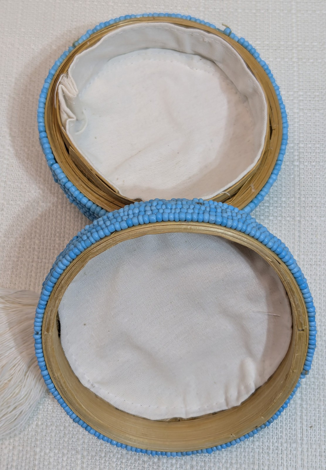 Handmade Small Round Blue Beaded Bamboo Trinket Basket With Tassel, Approx 4″ H