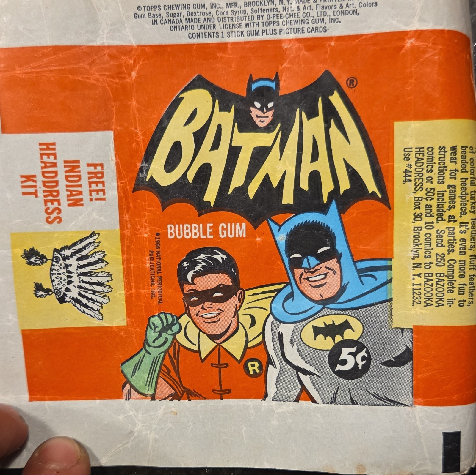 Topps 1966 Batman Bubble Gum Empty Card Wrapper Featuring Batman & Robin