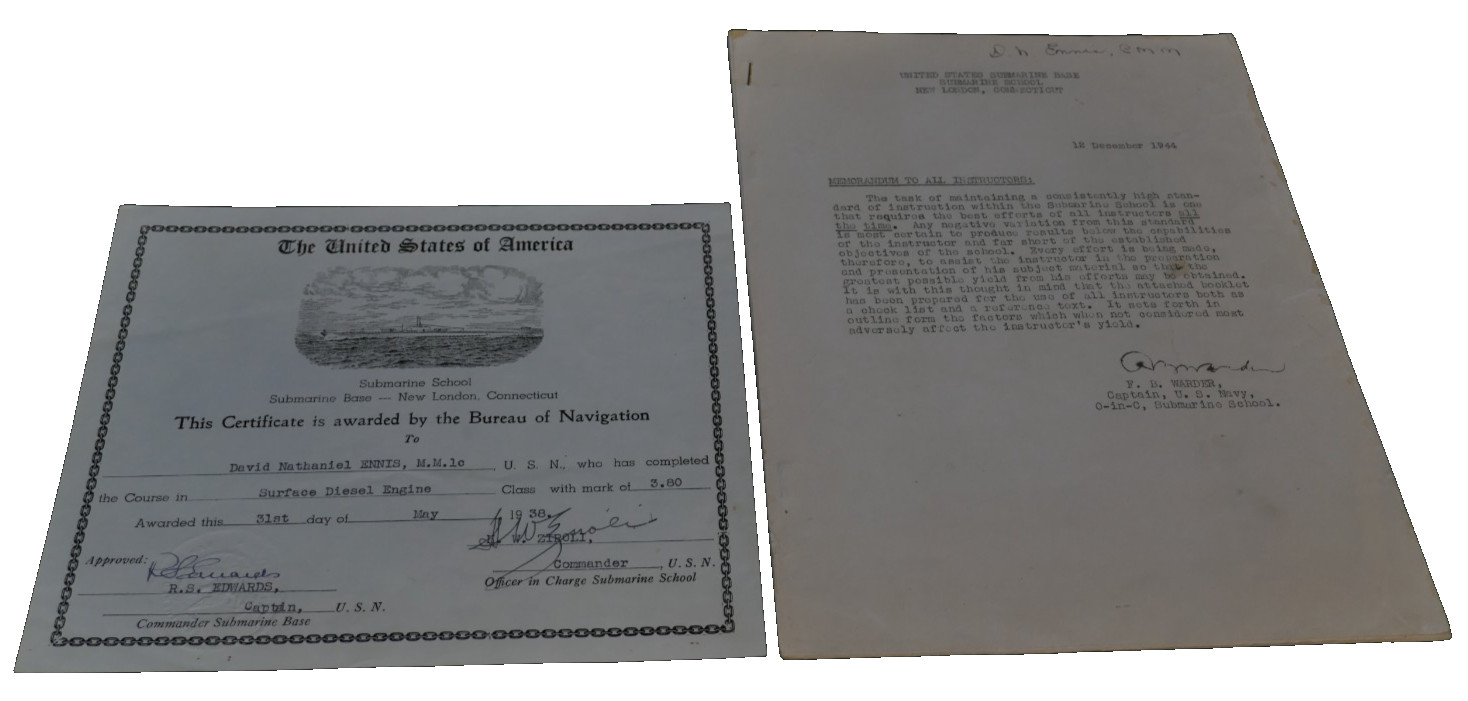 WWII USN Navy Submarine Base Documents ‘CMM David ENNIS’ SS-220 USS Barb Service