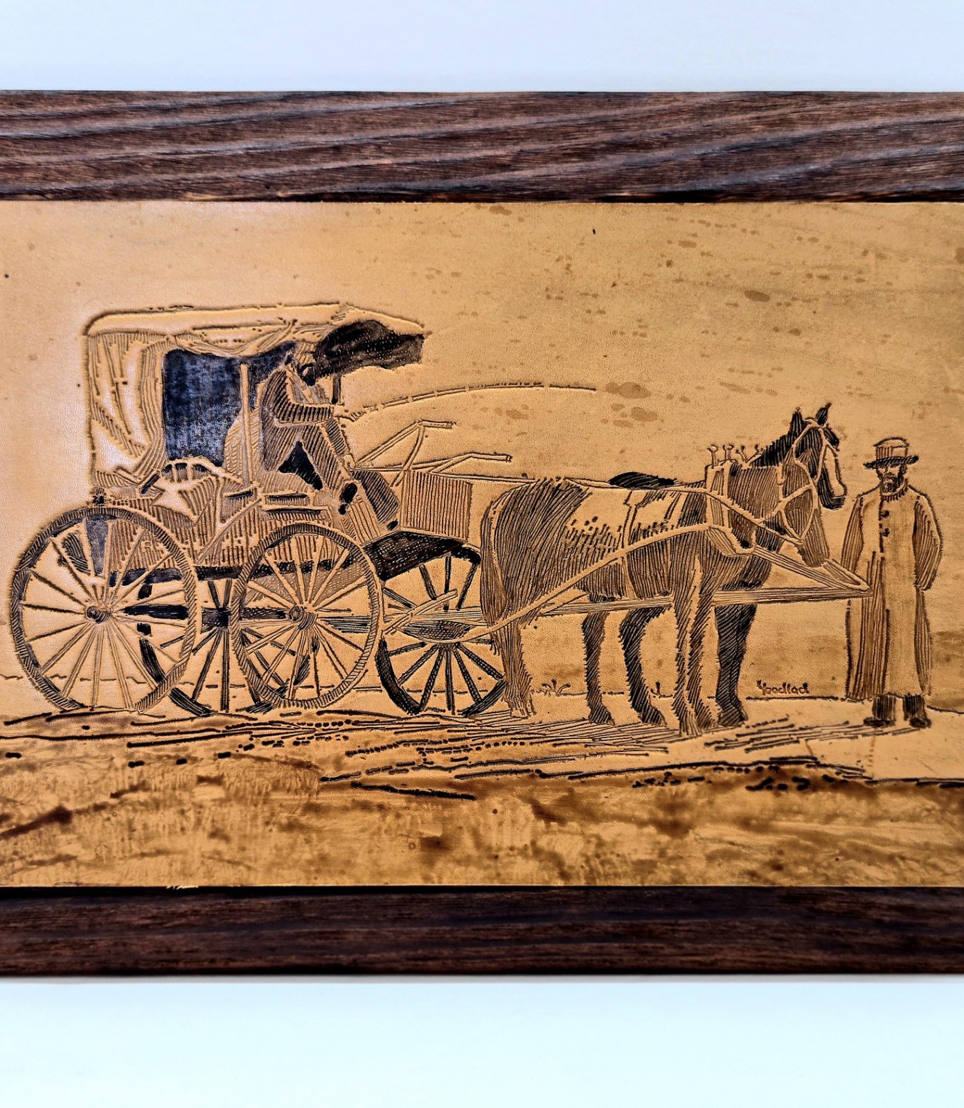 Vintage Tooled Leather Amish Picture On Carved Wood 13″ X 9.5″ Signed Yoodlad