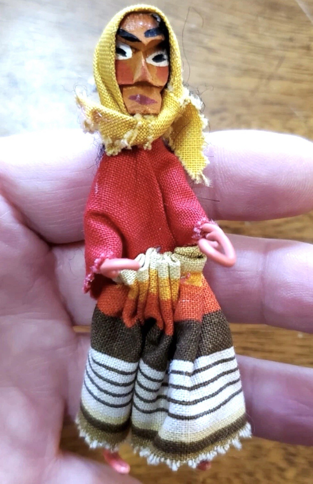Old Lady Wire Cloth Ornament Collectible Figure Vintage Carved Wood Face 3.5″