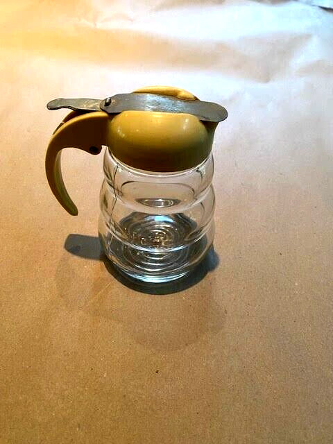 Vintage Glass Syrup Dispenser Pitcher Slide opening Made in USA 4.5x 3 @ 3/4cup