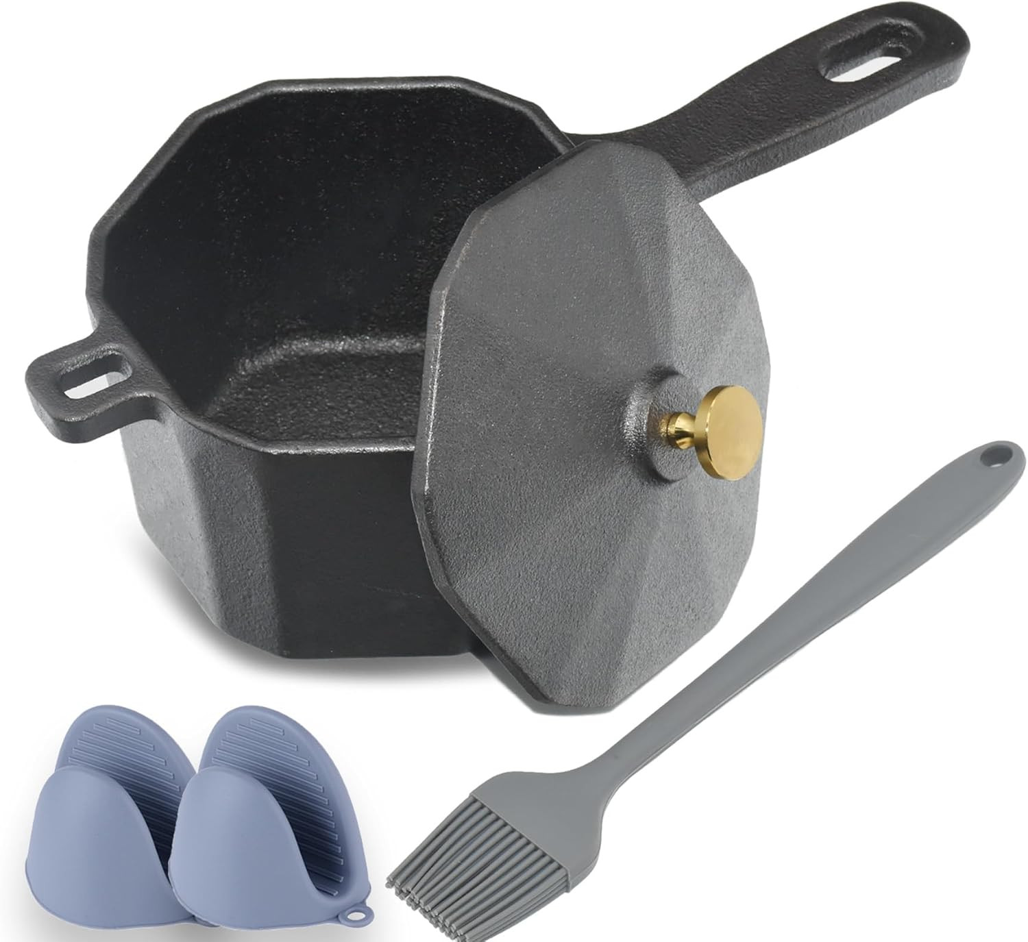 Cast Iron Sauce Pot with Lid, Premium Small Cast Iron Melting Pot & Silicone Bas