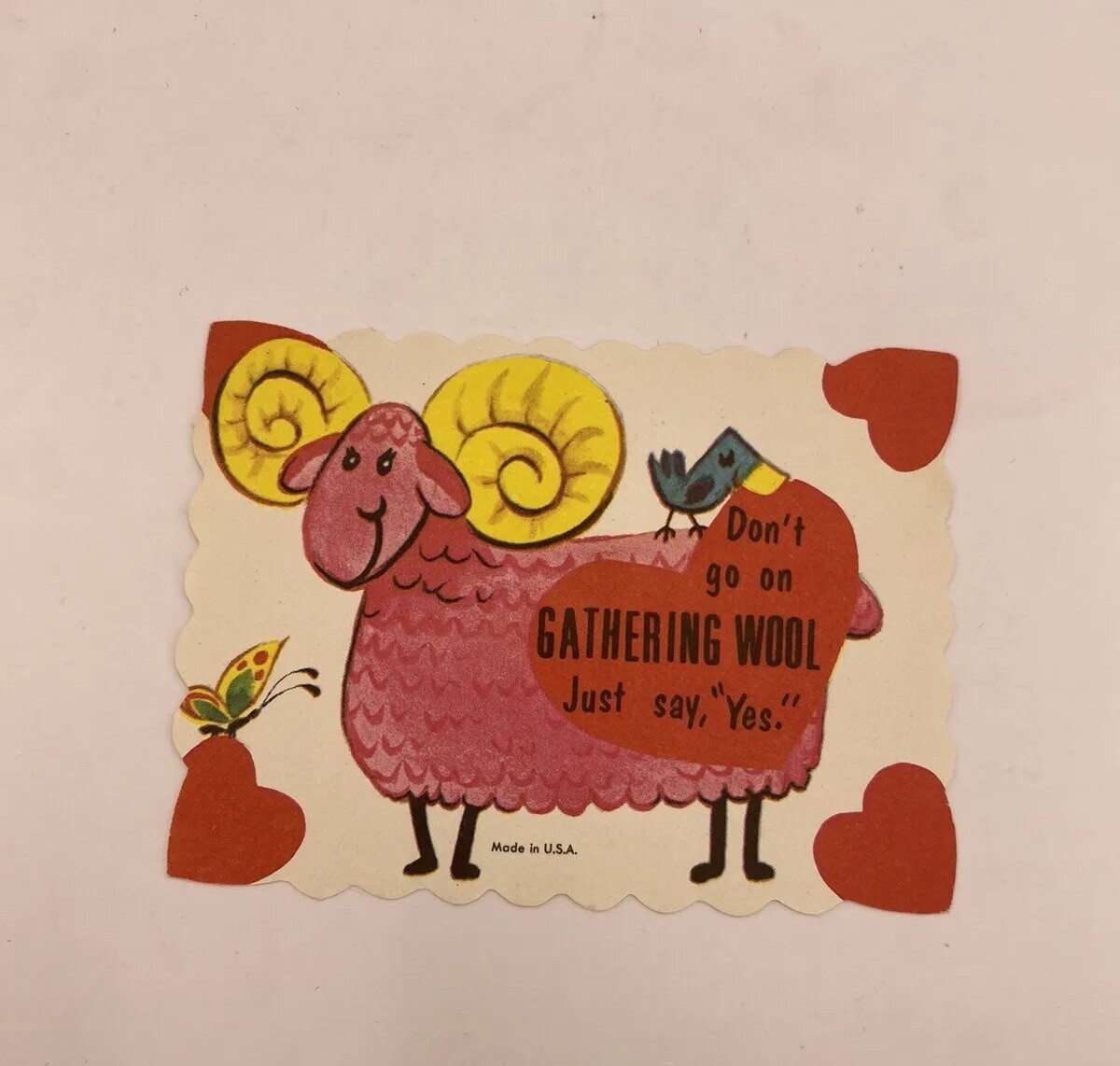 Vintage Valentine Kitsch Lamb Ram Butterfly 60s MCM Scandinavian Card
