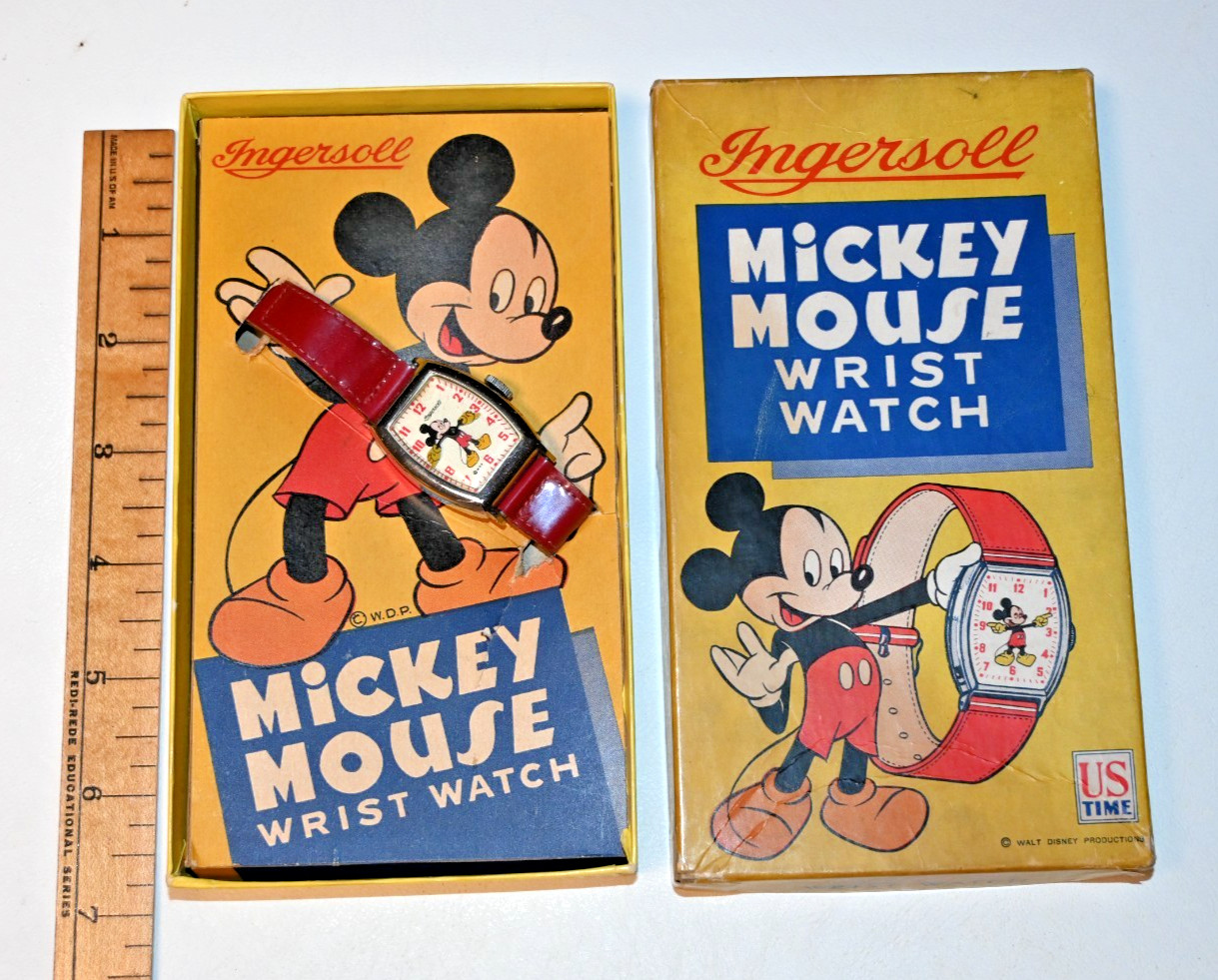 Circa 1947 Ingersoll Mickey Mouse Watch in Yellow Box US Time Logo Works (A2)