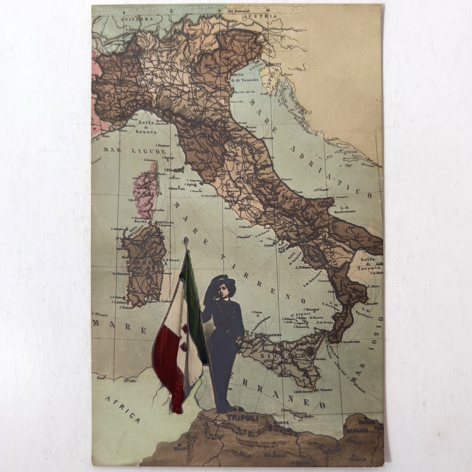 Antique RPPC Libya Italy Turkish War Map Flag Hand Tinted Postcard Odd Unusual