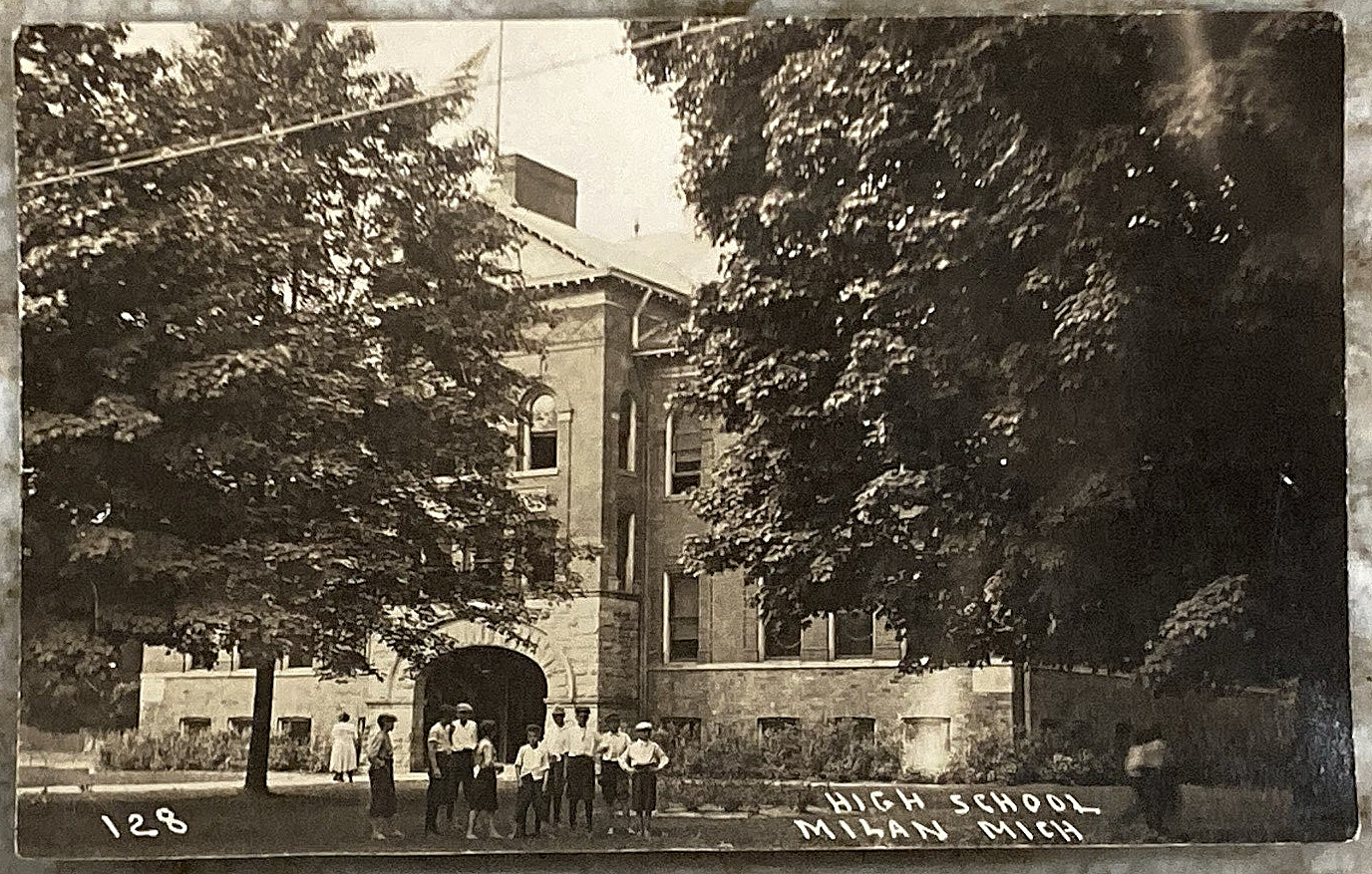 High School Building Students in Front Milan Michigan KRUXO RPPC Postcard C512