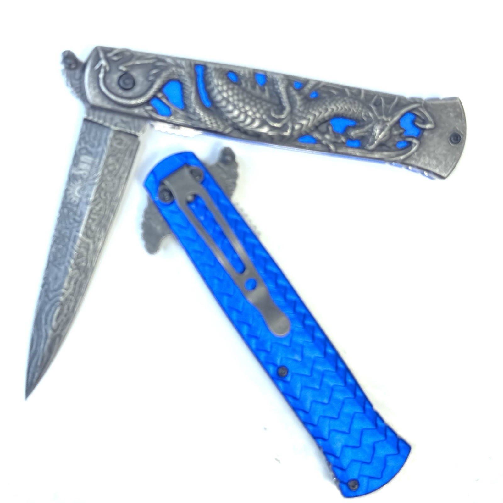 8.75” Blue Gray Dragon Engraved Spring Open Assisted Tactical Folding Knife