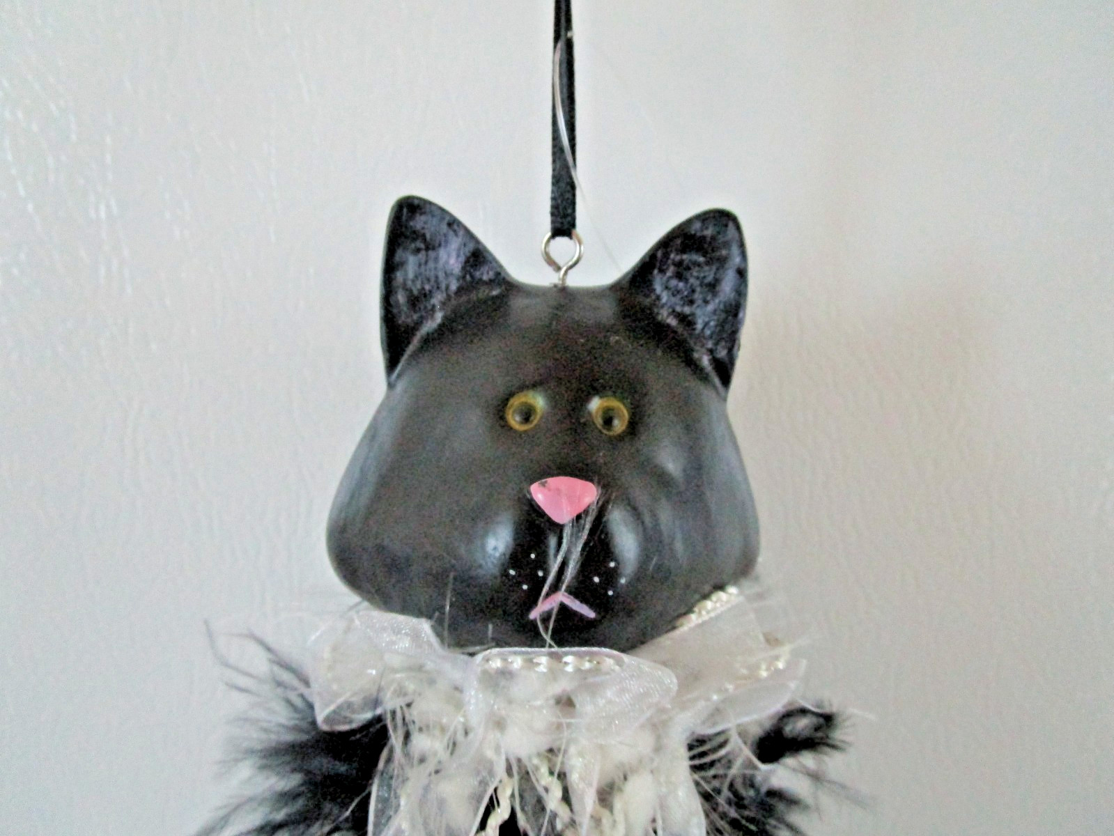Folk Art Style Black Cat Head Hanging Ornament w/ Ribbons Pearls Rhinestones 17″
