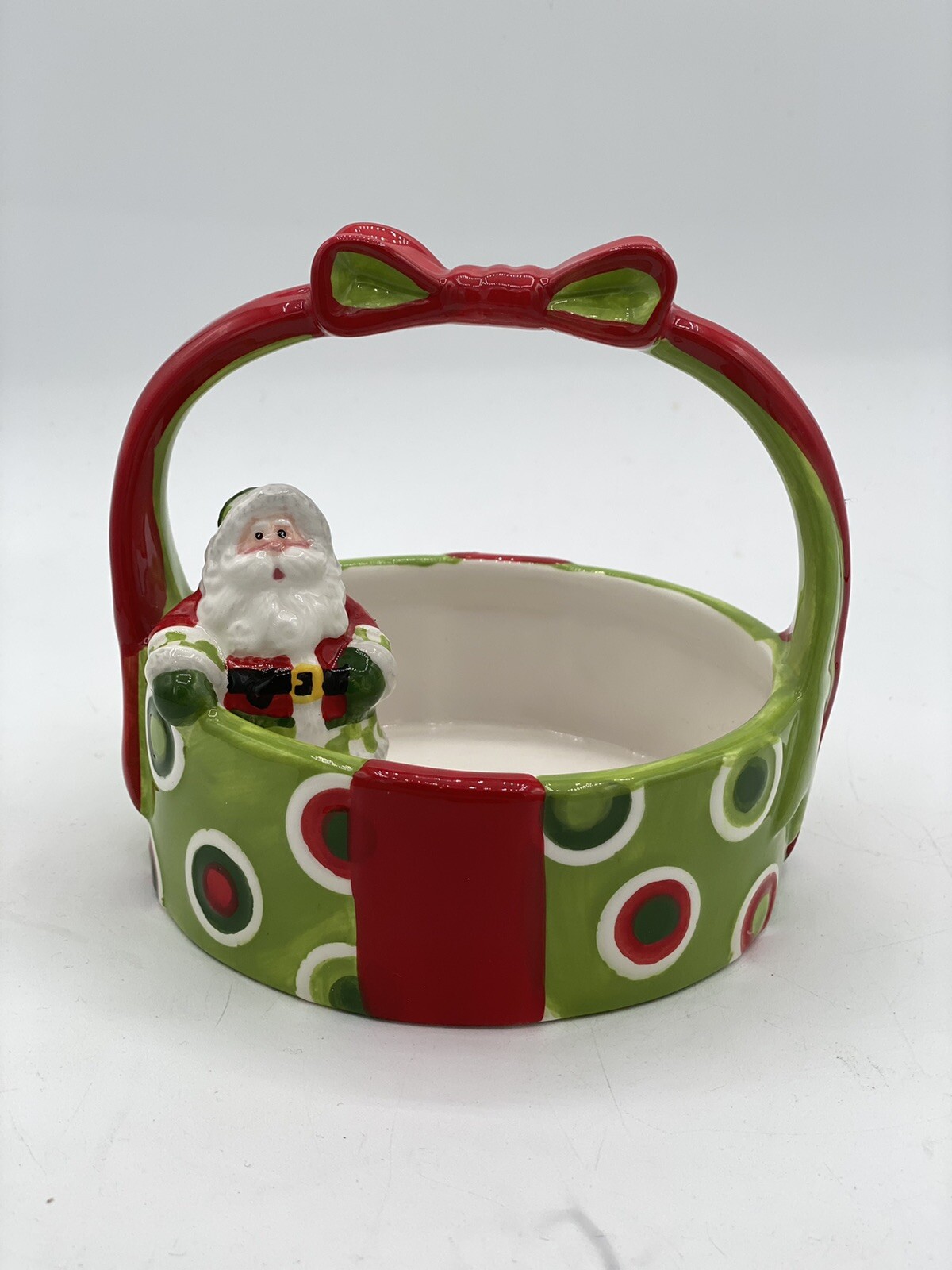 Fitz and Floyd Ceramic Holiday Cheer Santa Basket Candy Dish 2008 Christmas