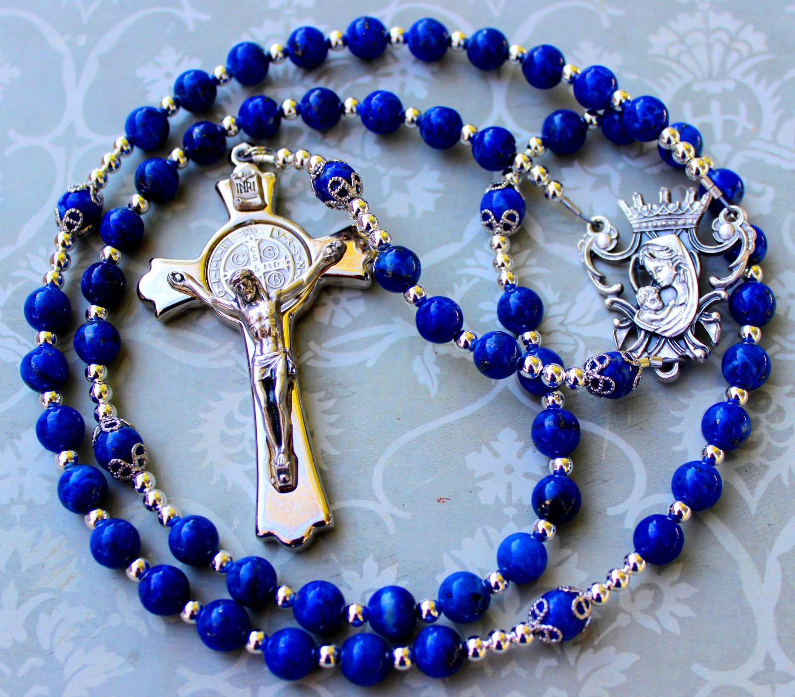 Beautiful & Durable Lapis Lazuli Gemstone Catholic Rosary With Silver Crucifix