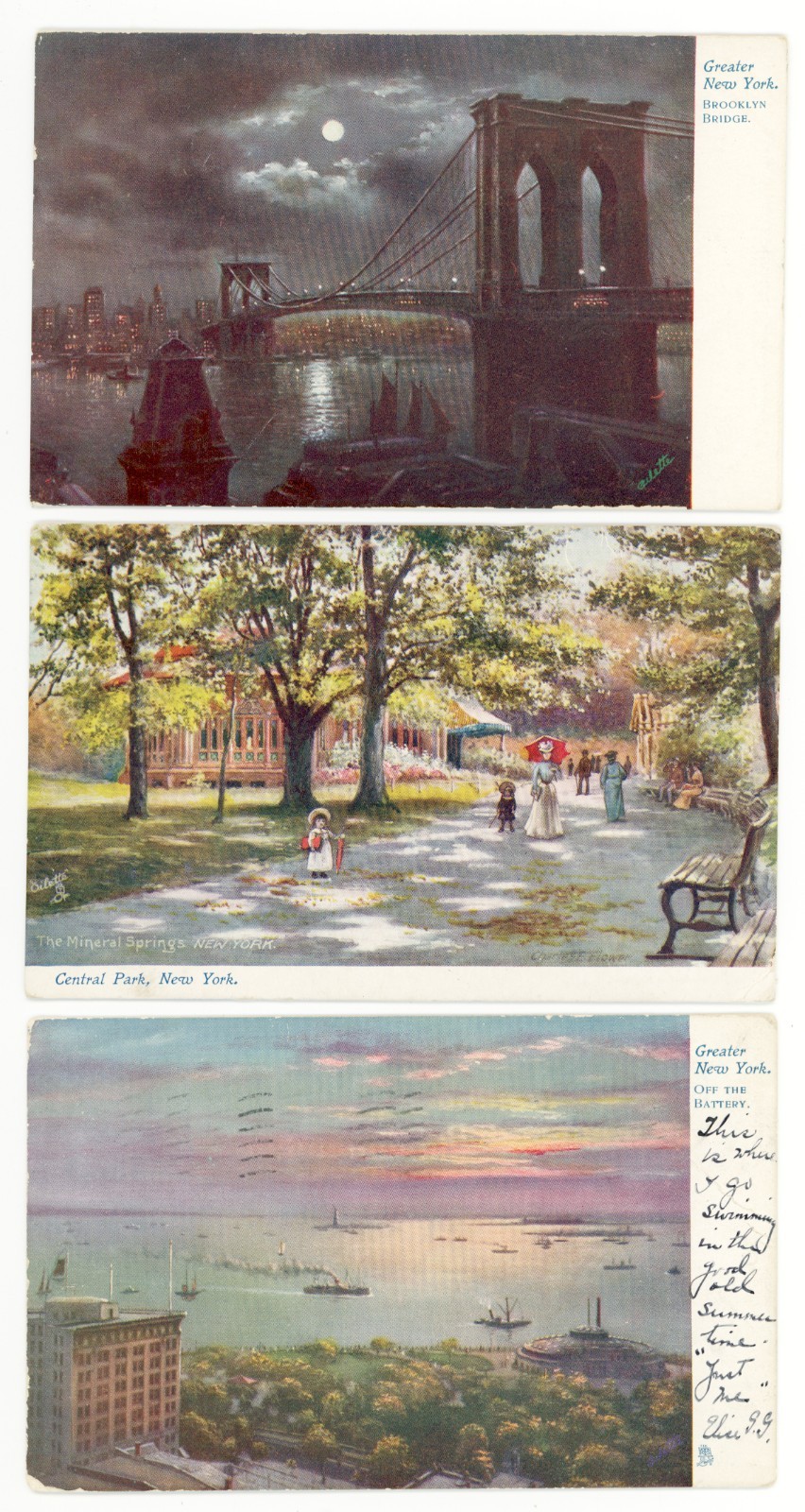 3 Tucks Oilette Postcards of New York Scenes Early 1900s UDB Park, Night Scenes