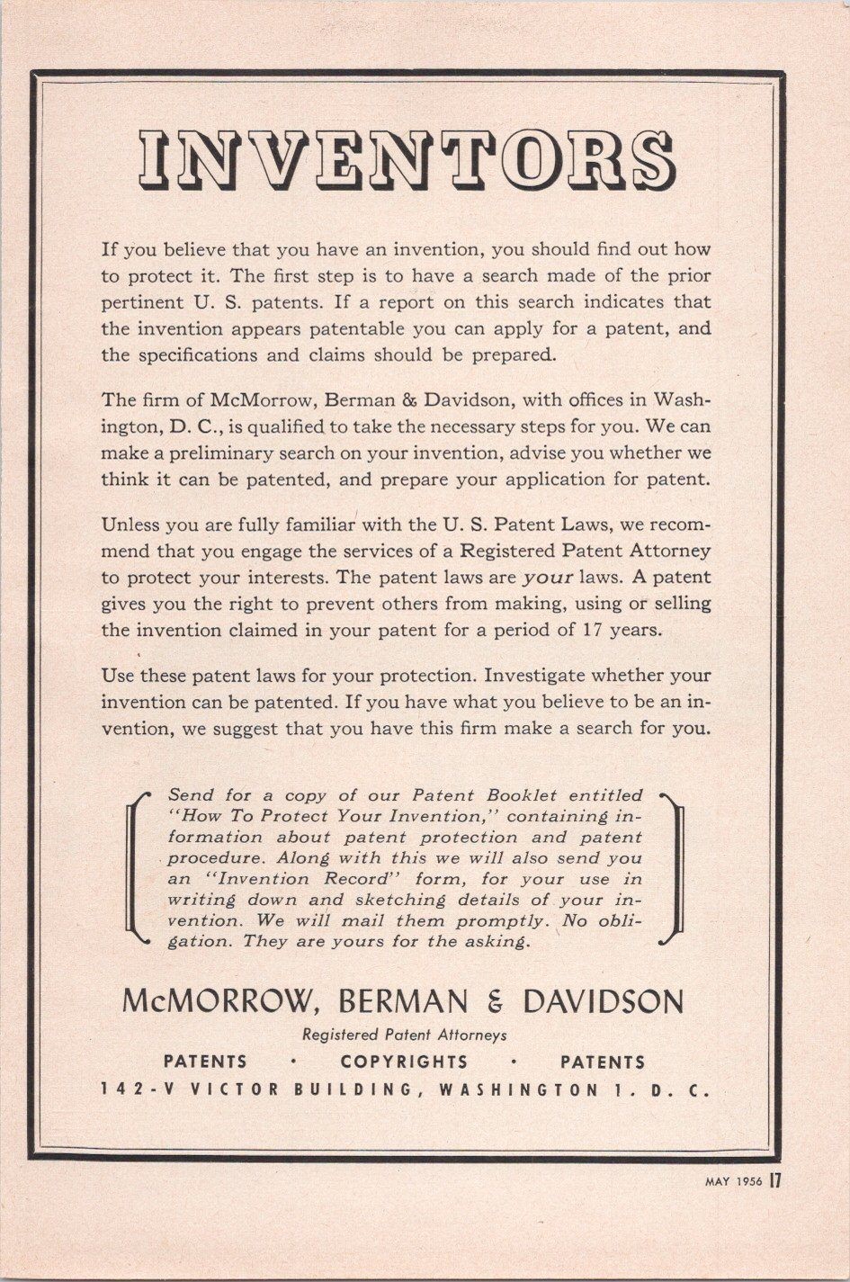 McMorrow, Berman & Davidson 1956 Inventors Vintage Print Patent Law Ad