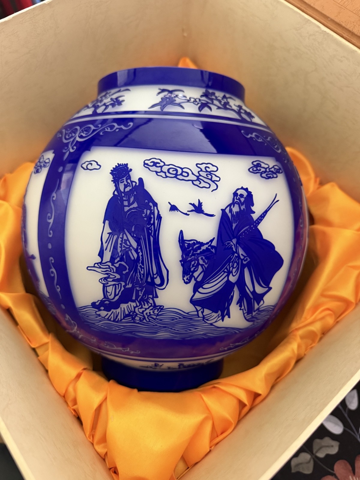 Cobalt Blue and White Relief Glass Crafts Etched Vase