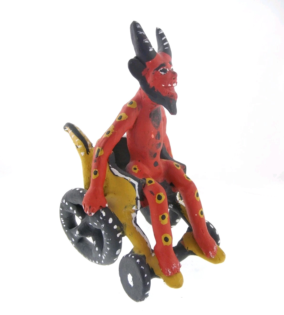 7.5″ Mexican Folk Art Pottery Devil Satan In Wheelchair Ocumicho Diablitos