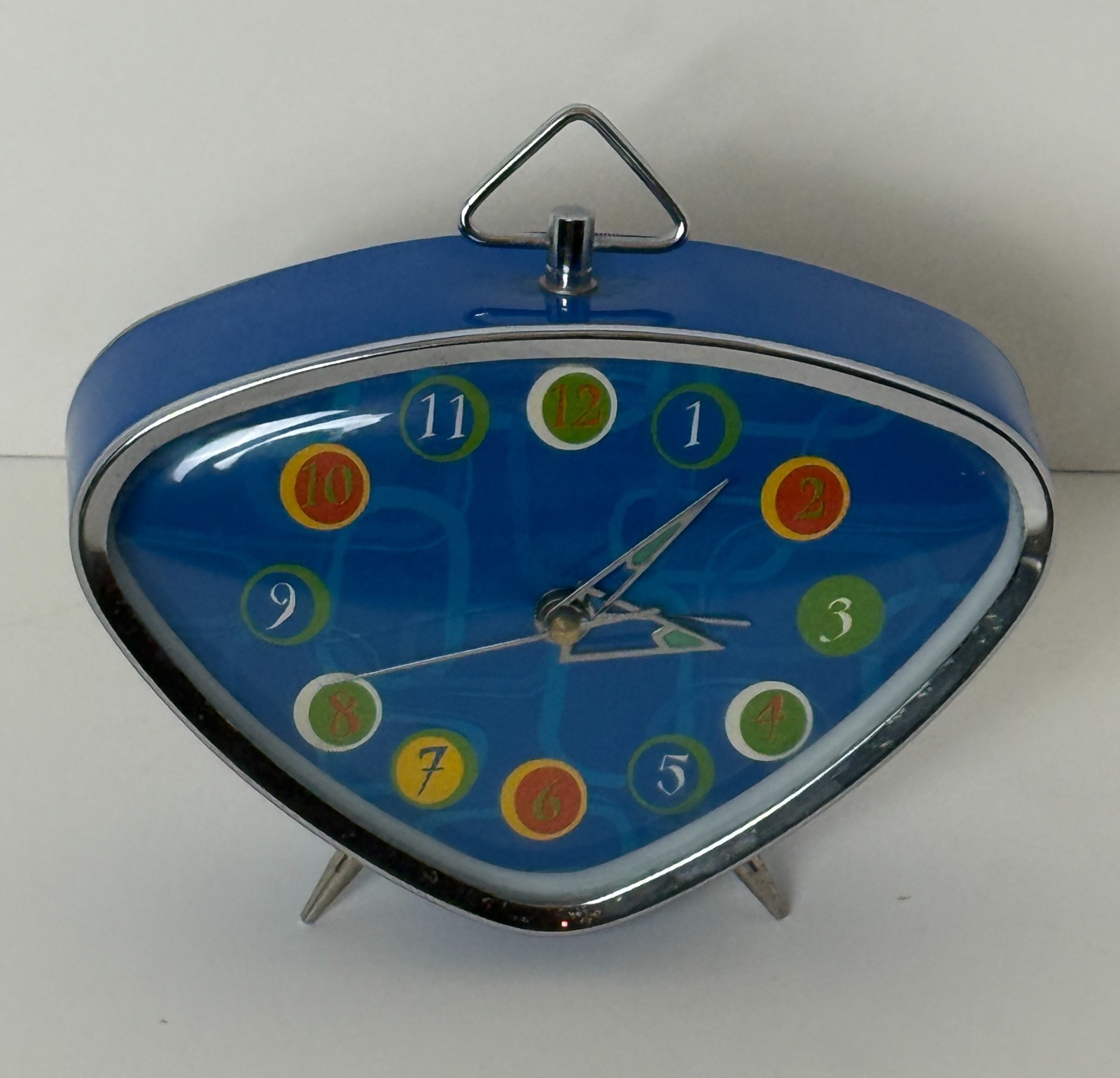 Vintage Leadworks Blue Triangular Wind-Up Alarm Clock Retro Atomic Works Colorfu