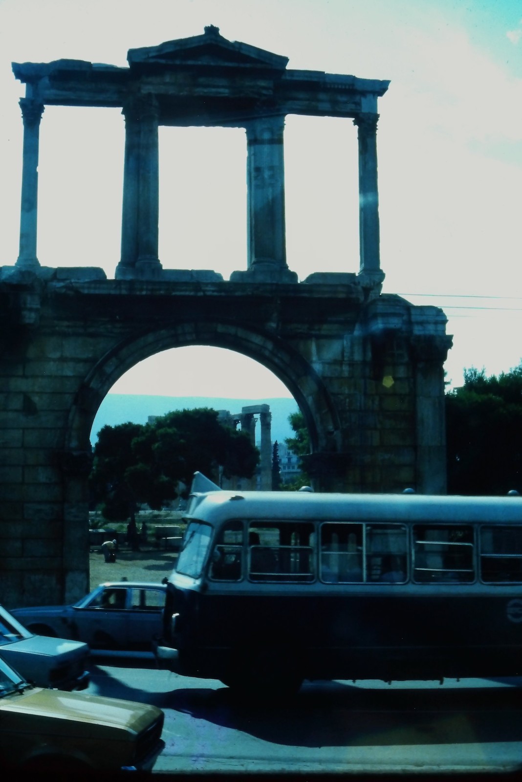 c1970’s 35mm Slide, Arch of Hadrian Athens Greece Bus Greek 2nd blue Building