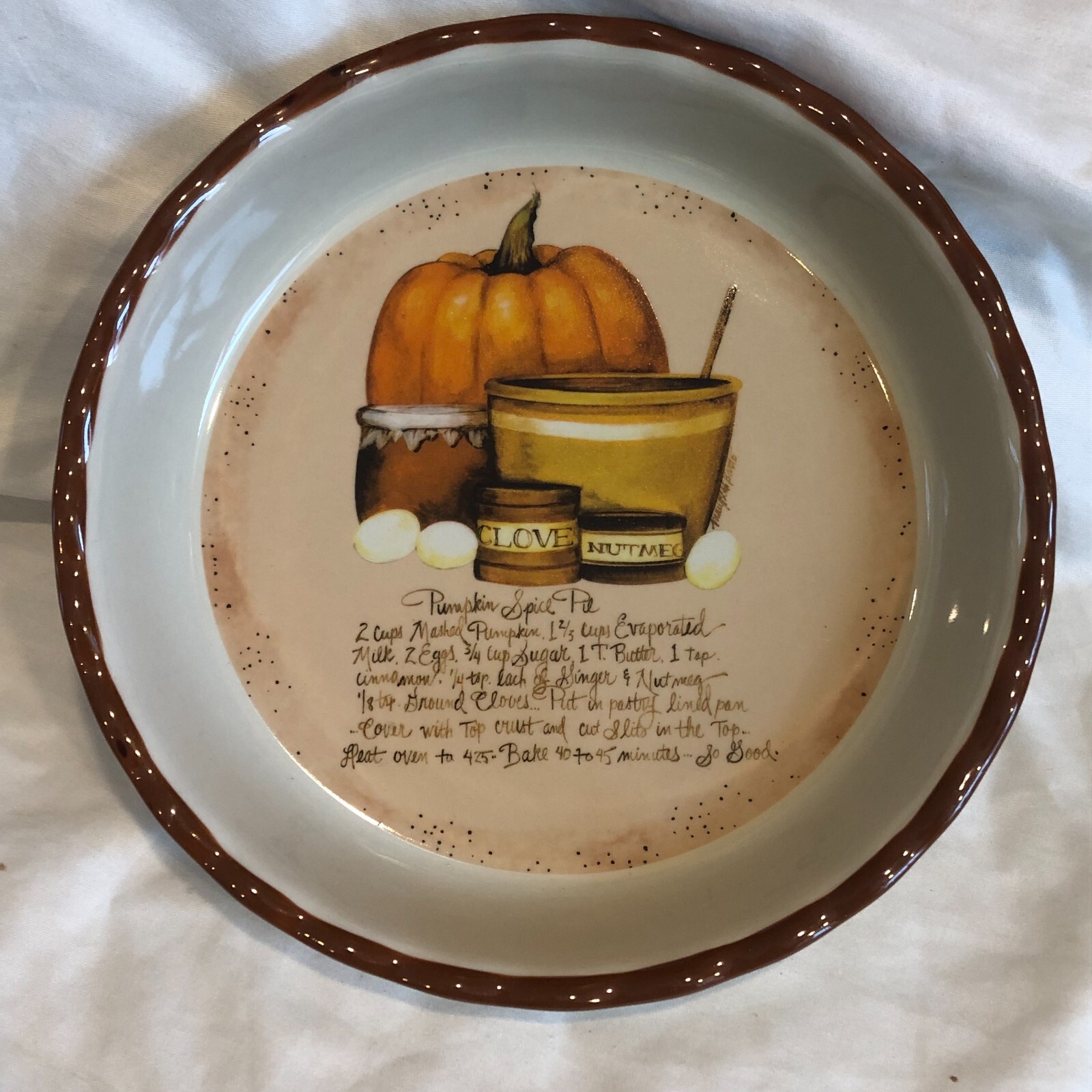 Pumpkin Spice Pie Plate Dish w/ Recipe Oven/Dishwasher/Microwave Safe by Baxter