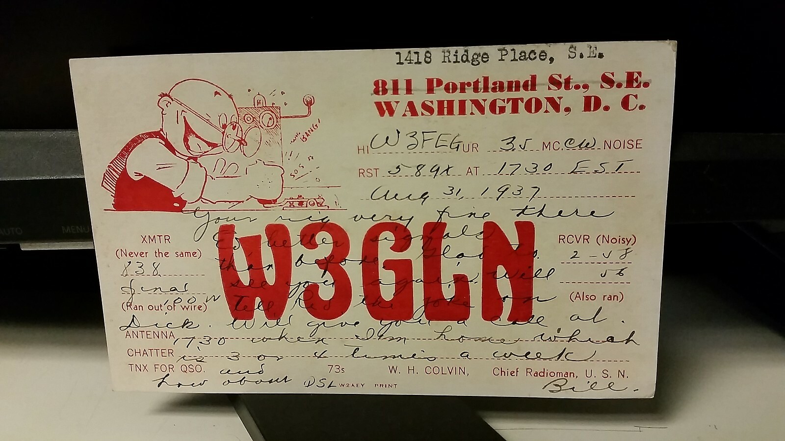 amateur ham radio QSL postcard W3GLN comic W.H. Colvin 1937 Washington DC