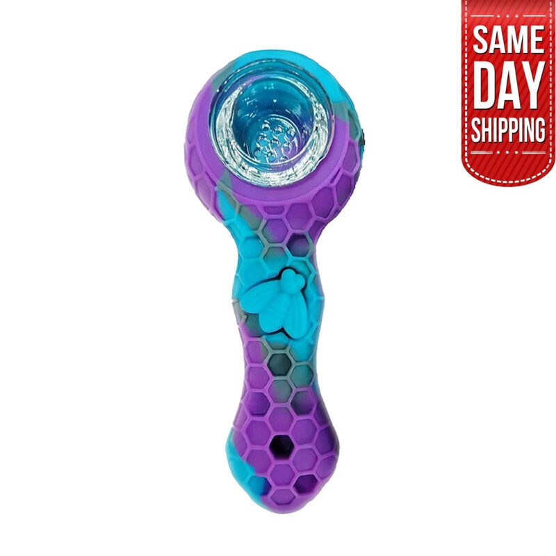 Blue Honeycomb Silicone Pipe – w/Glass Bowl & Spoon, Portable and Easy Clean