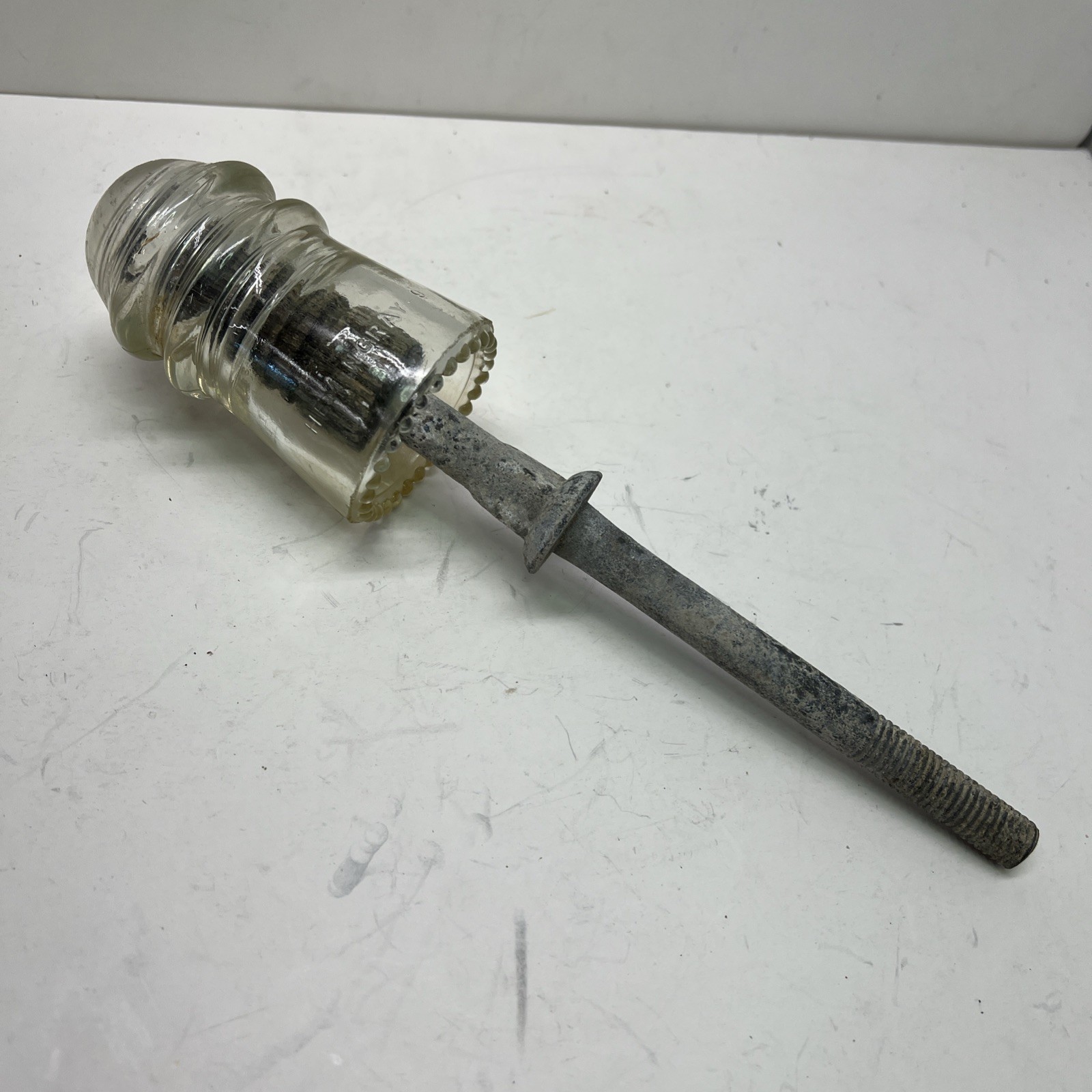VTG Telephone Telegraph Glass Insulator With Metal Post Mount Antique