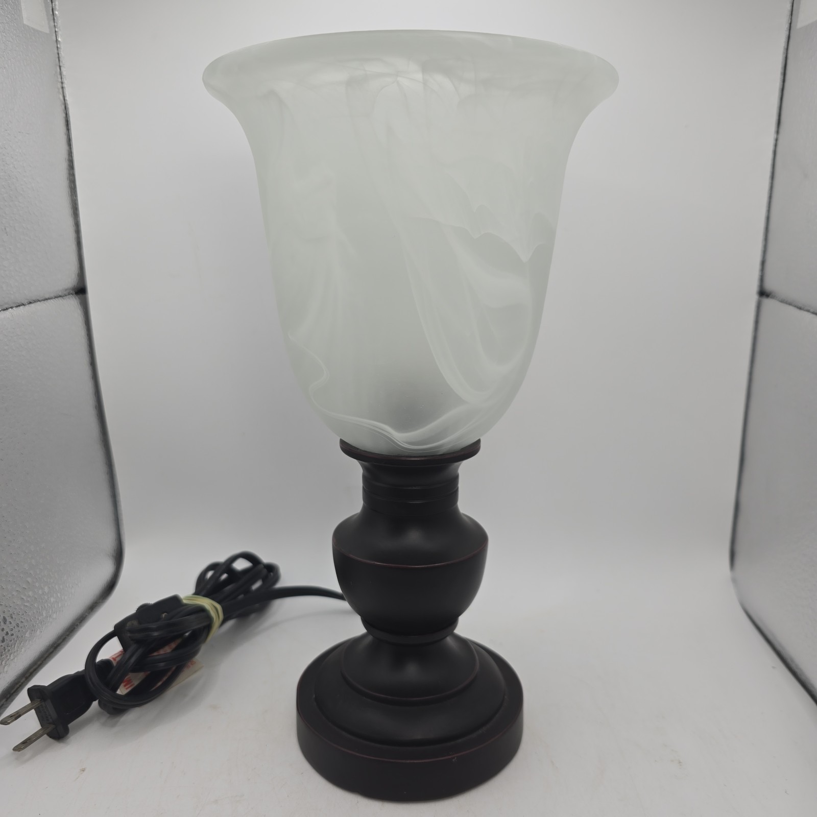 Torchiere Style Bronze Tone Frosted Swirl Art Glass Accent Table Lamp 10.75 In