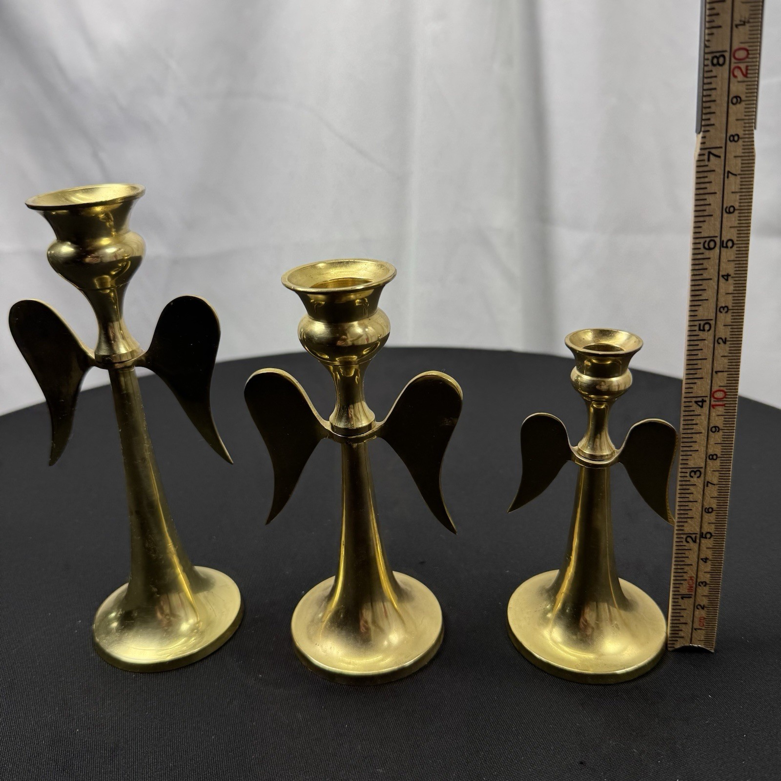 Vintage Solid Brass Candle Stick Holders Graduated Angels Wings Set Of 3 India