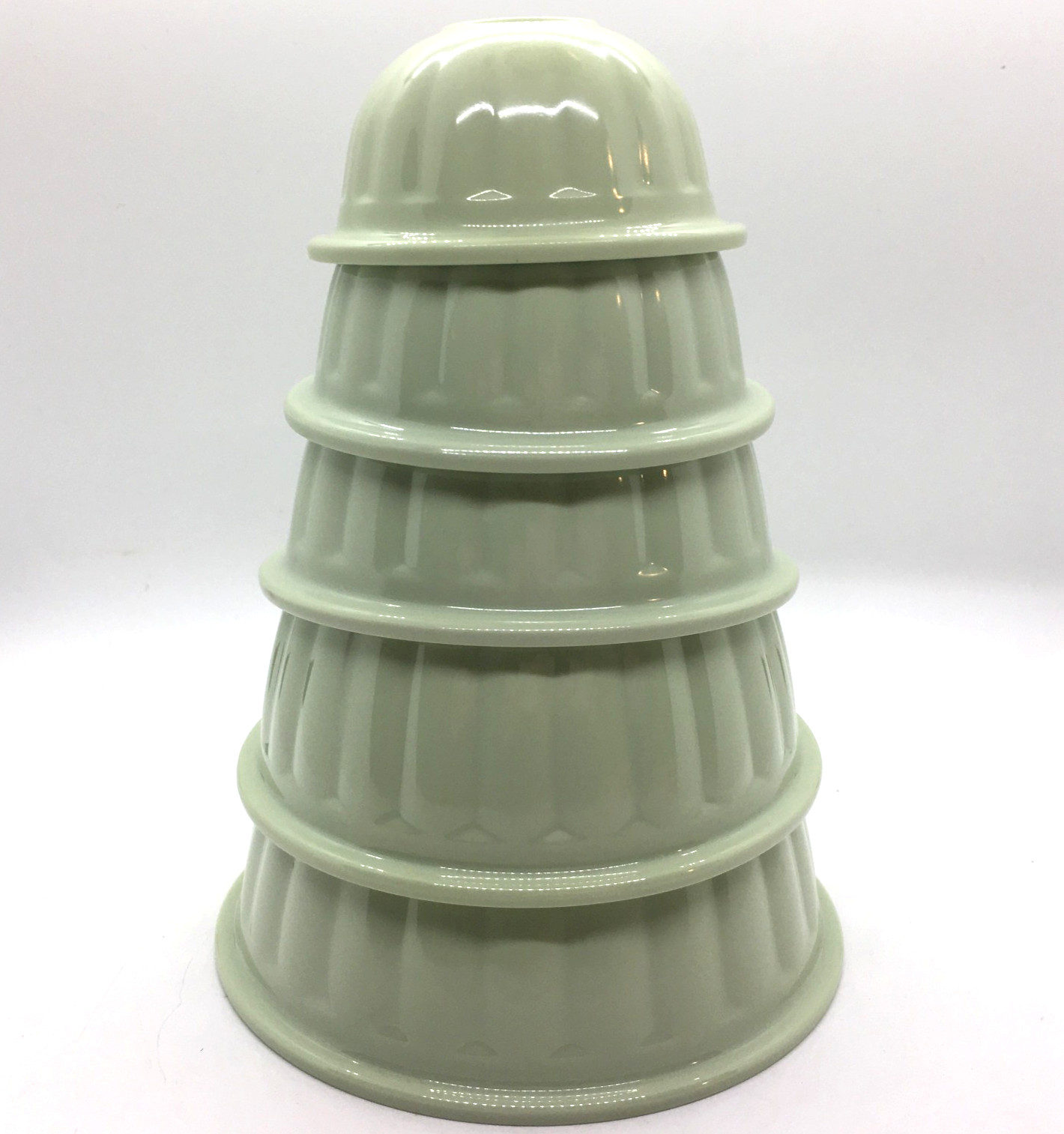 Set of 5 Small Light Jade Green Melamine Nesting Bowls Ribbed Meal Prep VTG