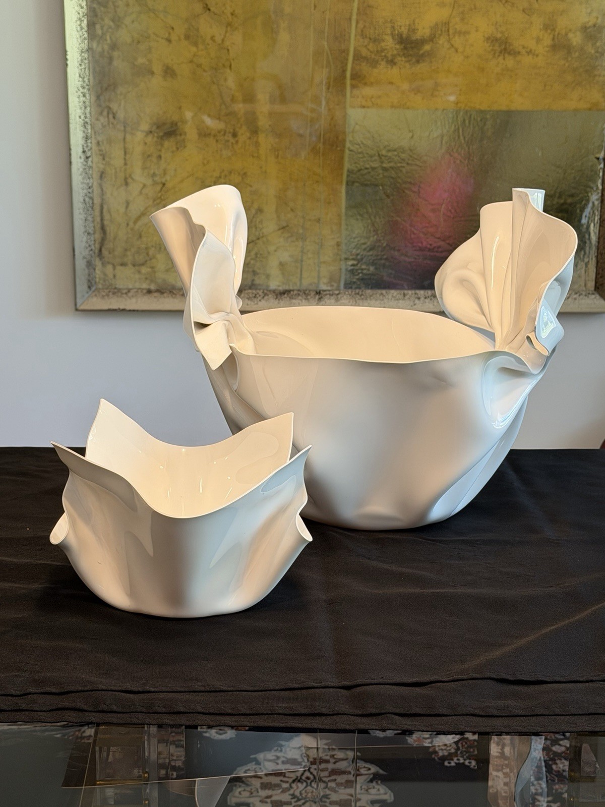 Two Pieces Vintage CT Designs Freeform Bowls Glossy Ivory White Signed Beautiful