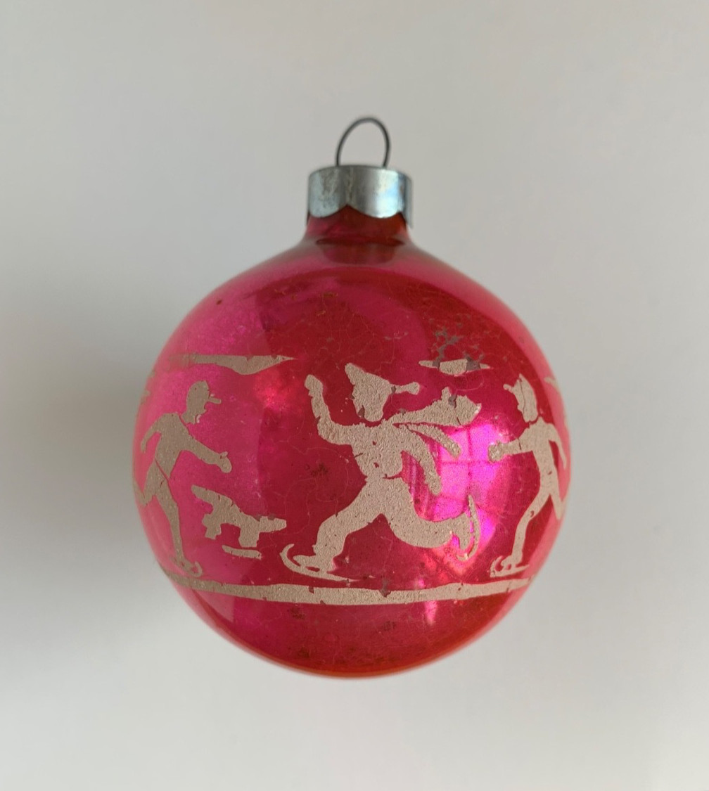 Rare VTG Pre WWII Marks Bros Ice Skaters Stencil Christmas Ornament Hot Pink!