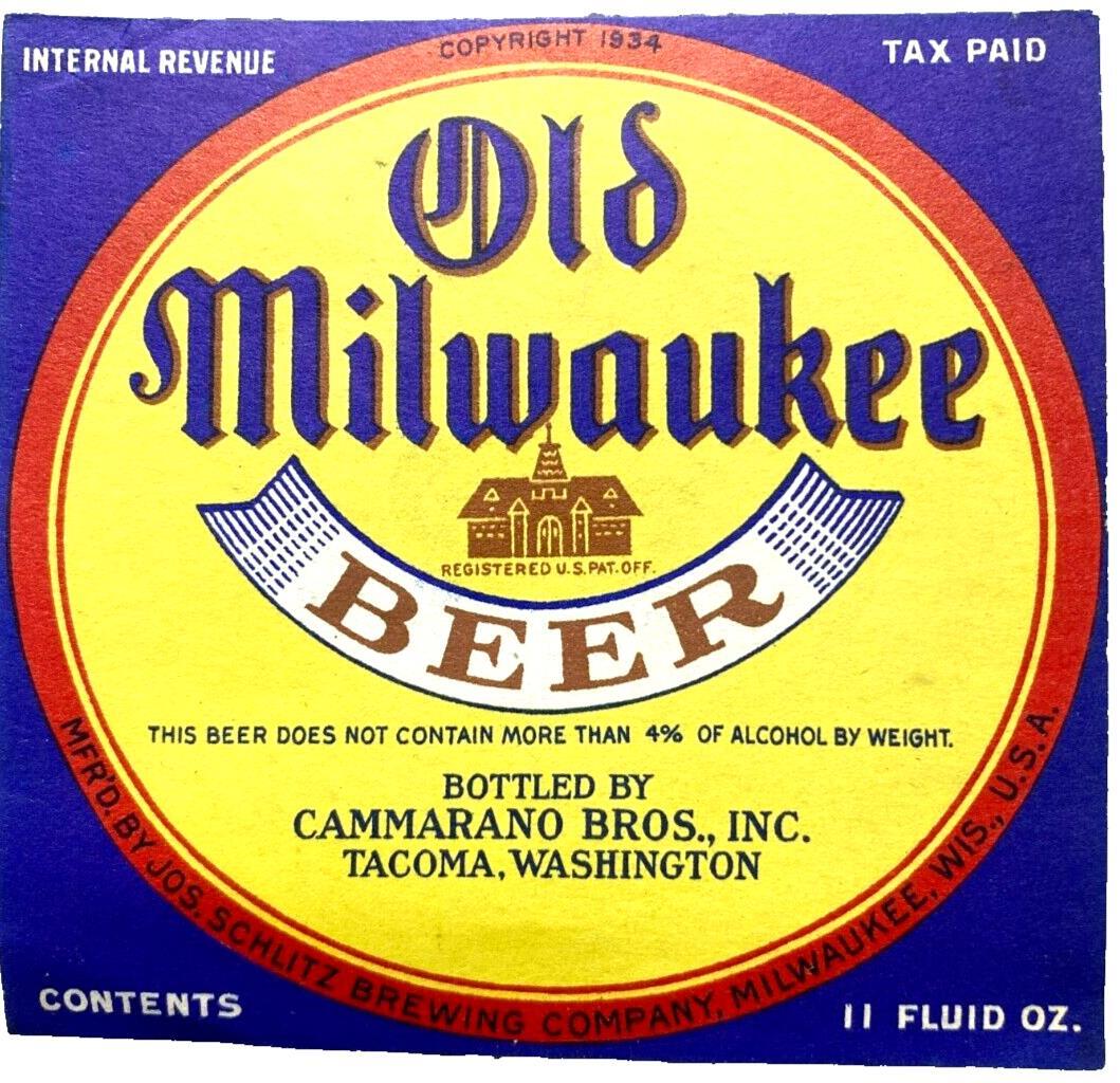 1934 Old Milwaukee Beer Label IRTP More Than 4% Cammarano Bros. Tacoma WA