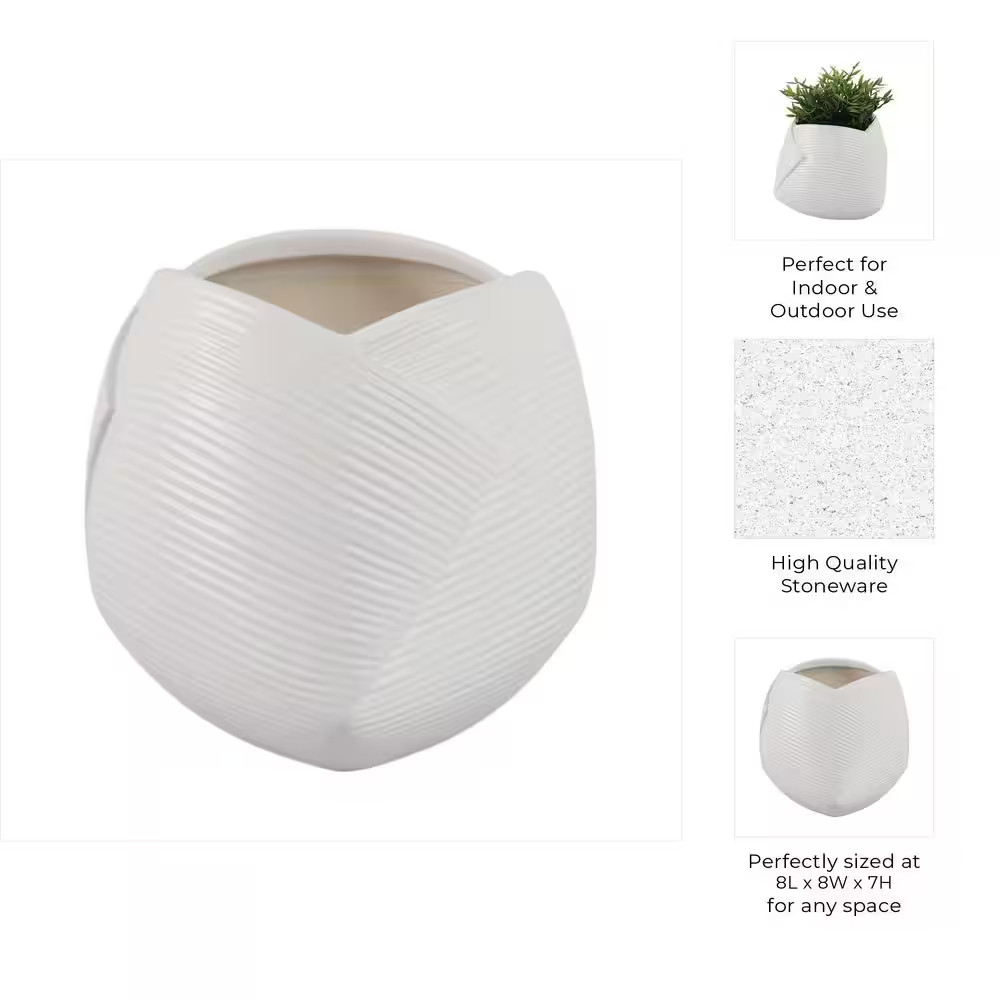 White Ceramic round Abstract Decorative Planter (8 In. W X 7 In. H)