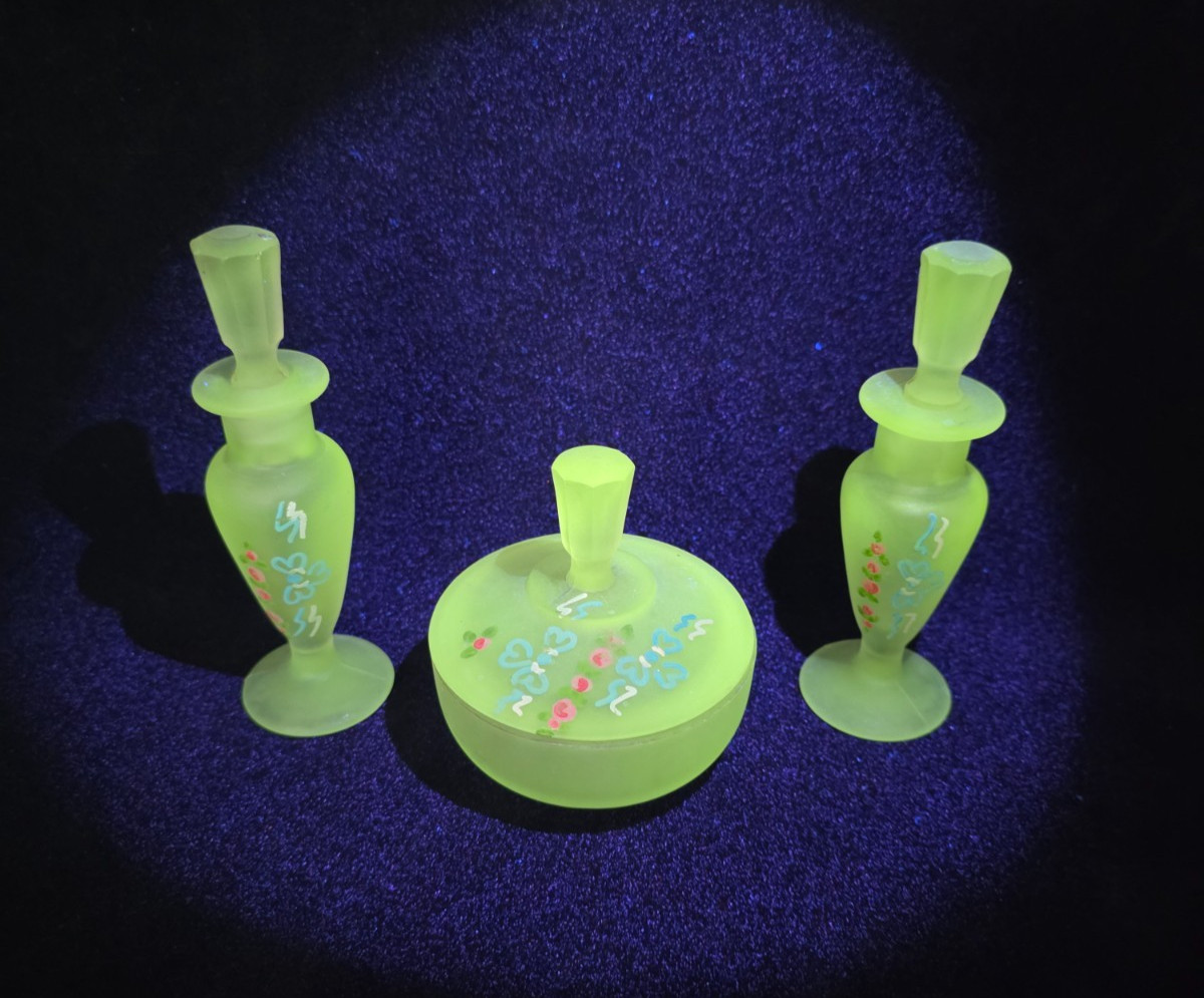 Frosted Uranium Glass Painted Dresser Set Perfumes and Covered Jar 1940’s