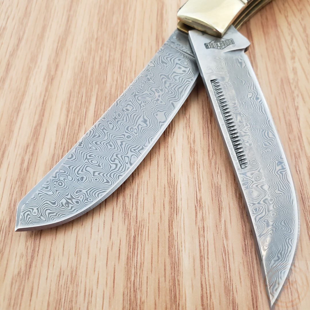 Rough Ryder Upswept Trapper Pocket Knife Damascus Steel Blades Bone Handle 2525