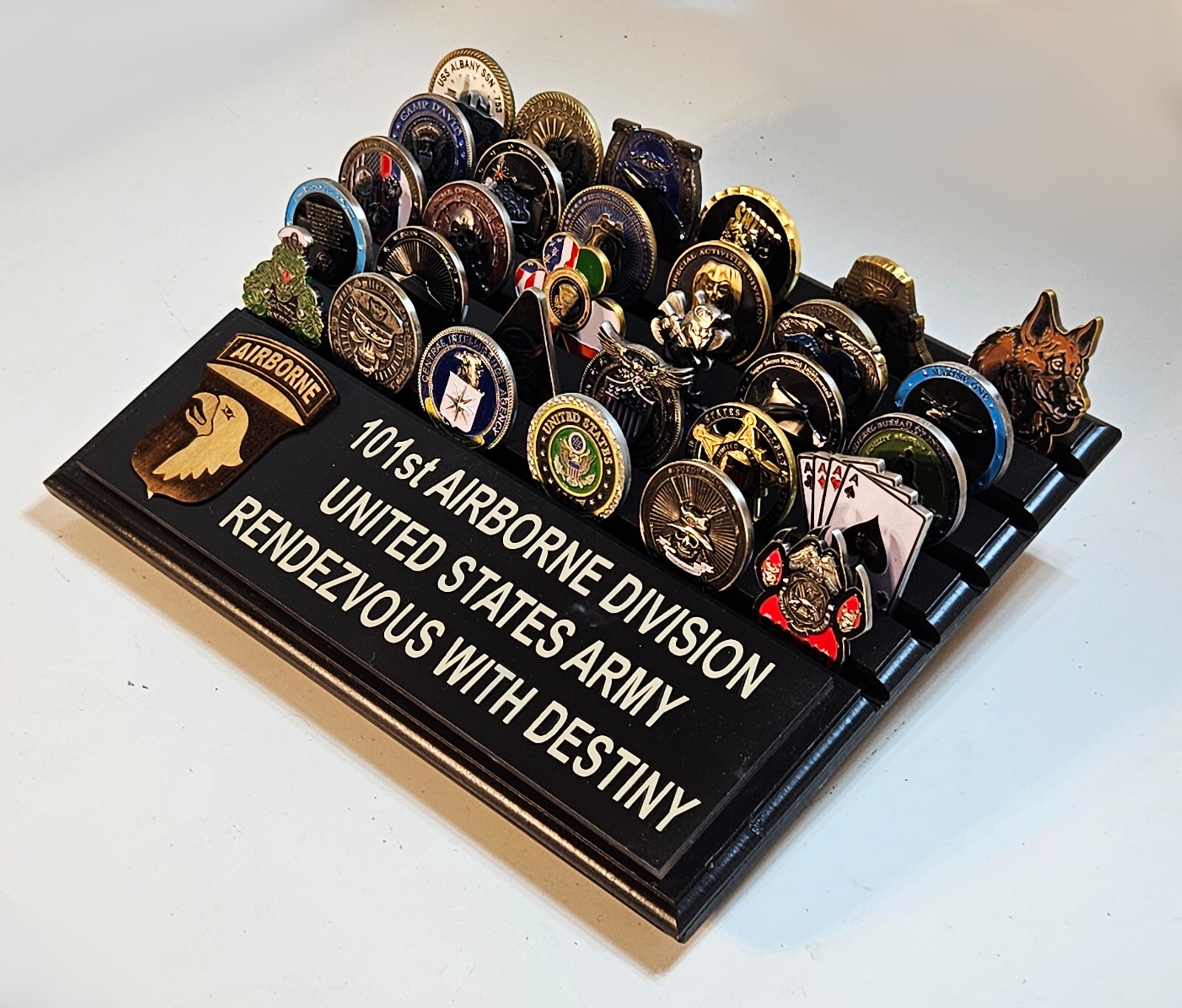 US Army 101st Airborne Division desktop challenge coin display appx 30 coins