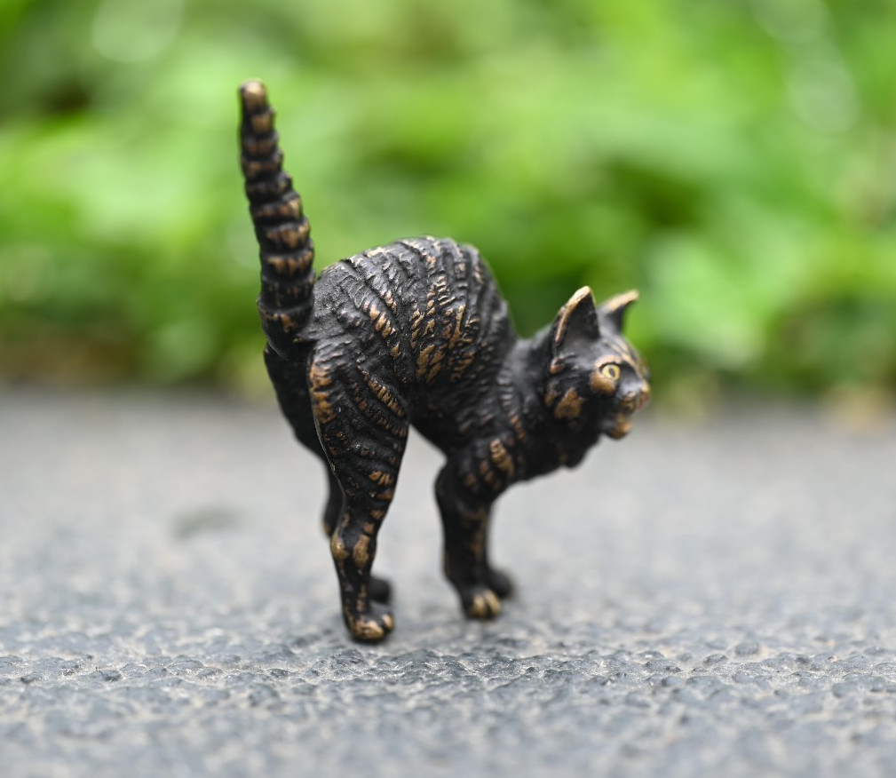 Antique Original Austrian Vienna Cold Painted Bronze Figure of Scary Black Cat