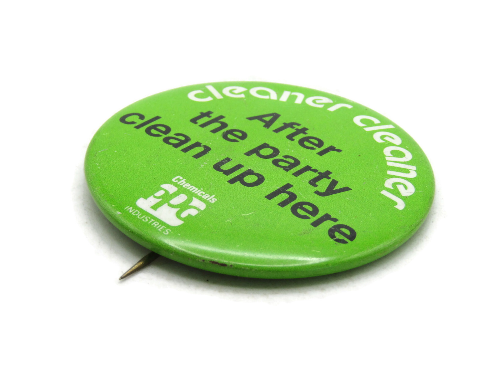 Vintage PPG Industries Pinback Button Green “Cleaner Cleaner” Slogan Chemicals