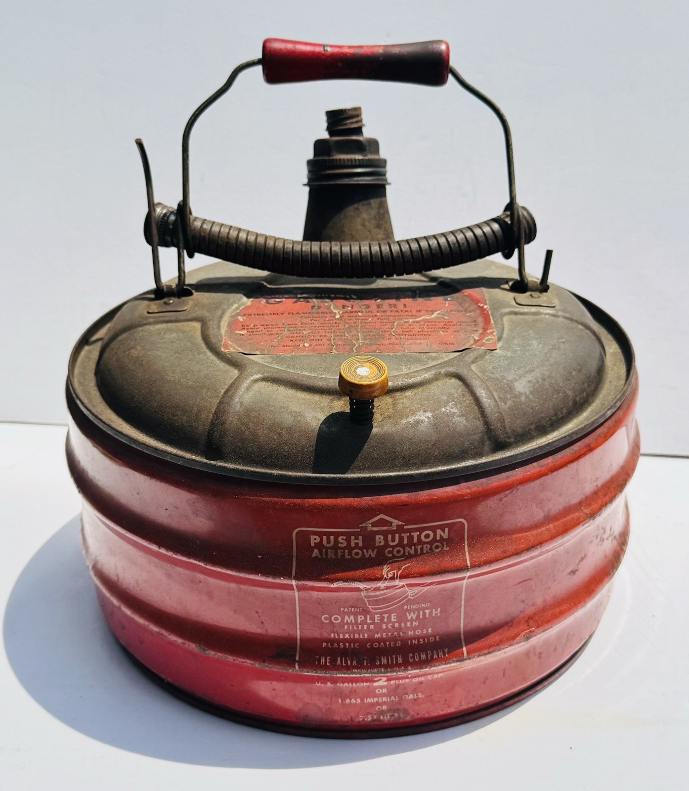 Vintage Phil Rite Push Button Air Flow Regulated 2 Gallon Gasoline Can 11″x10″