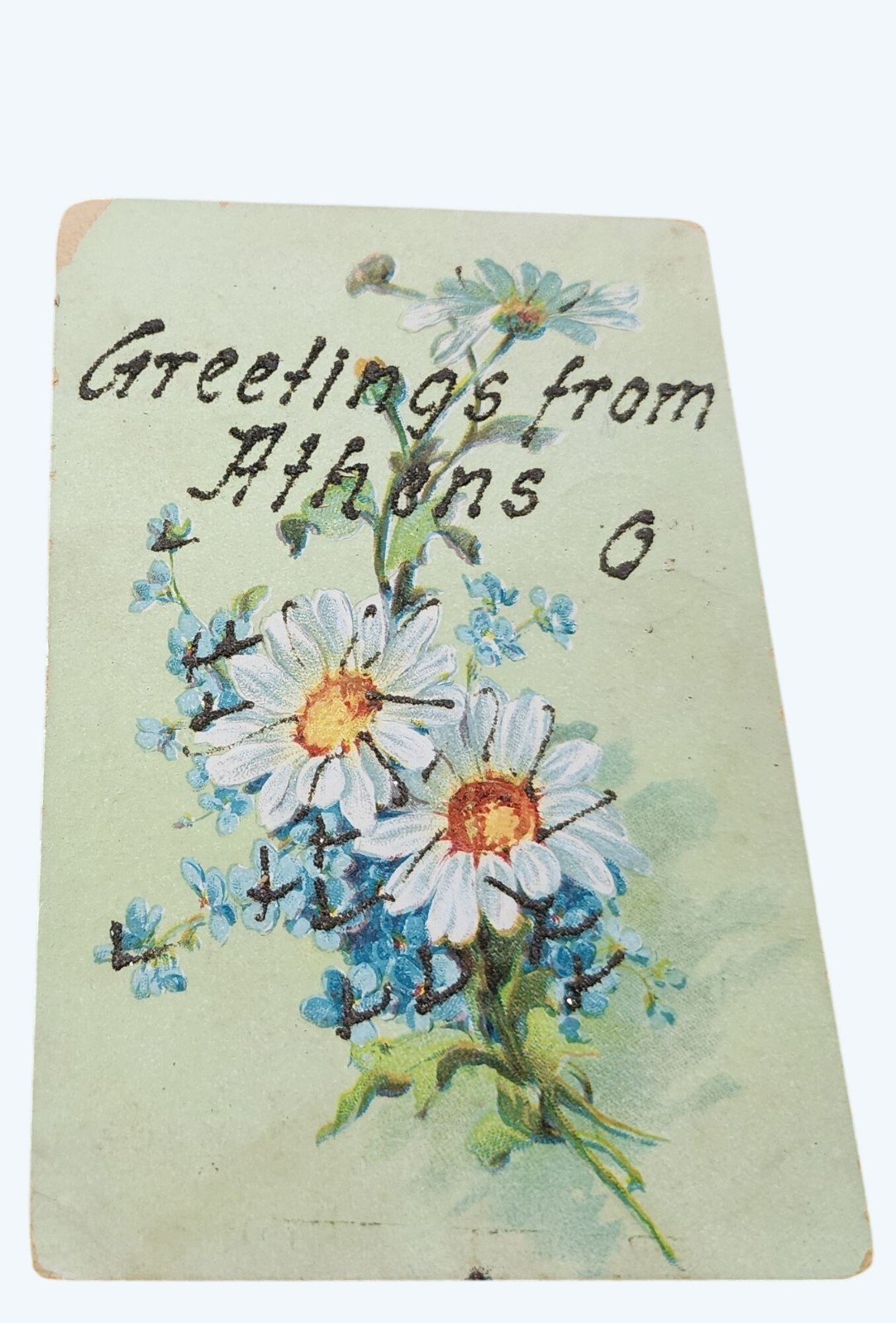 Antique Greetings From Athens O Postcard in Glitter w Floral Design Daisies