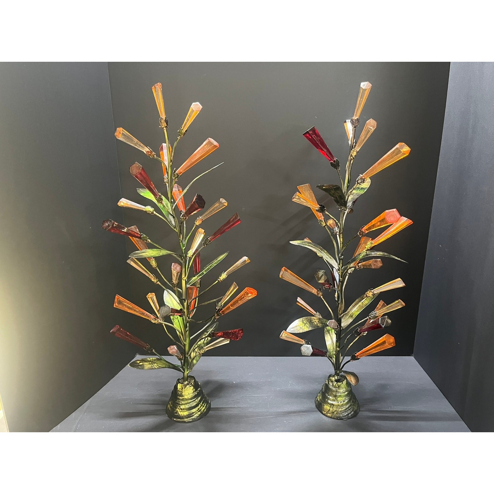 Vintage Mid Century Lucite Prism Floral Sculptures Pair Hollywood Regency