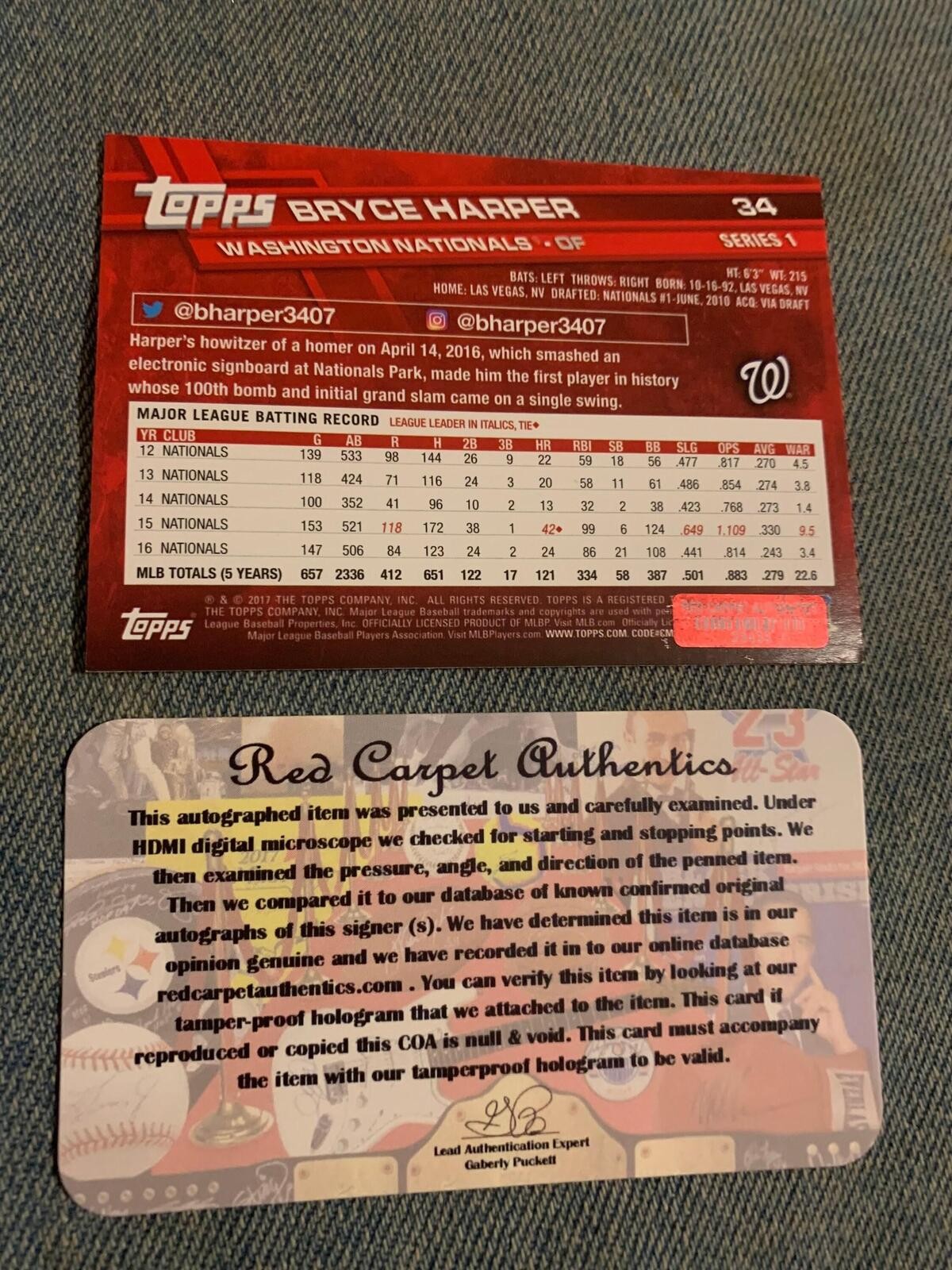 Bryce Harper Nationals/ Phillies Signed Autographed Baseball Card COA