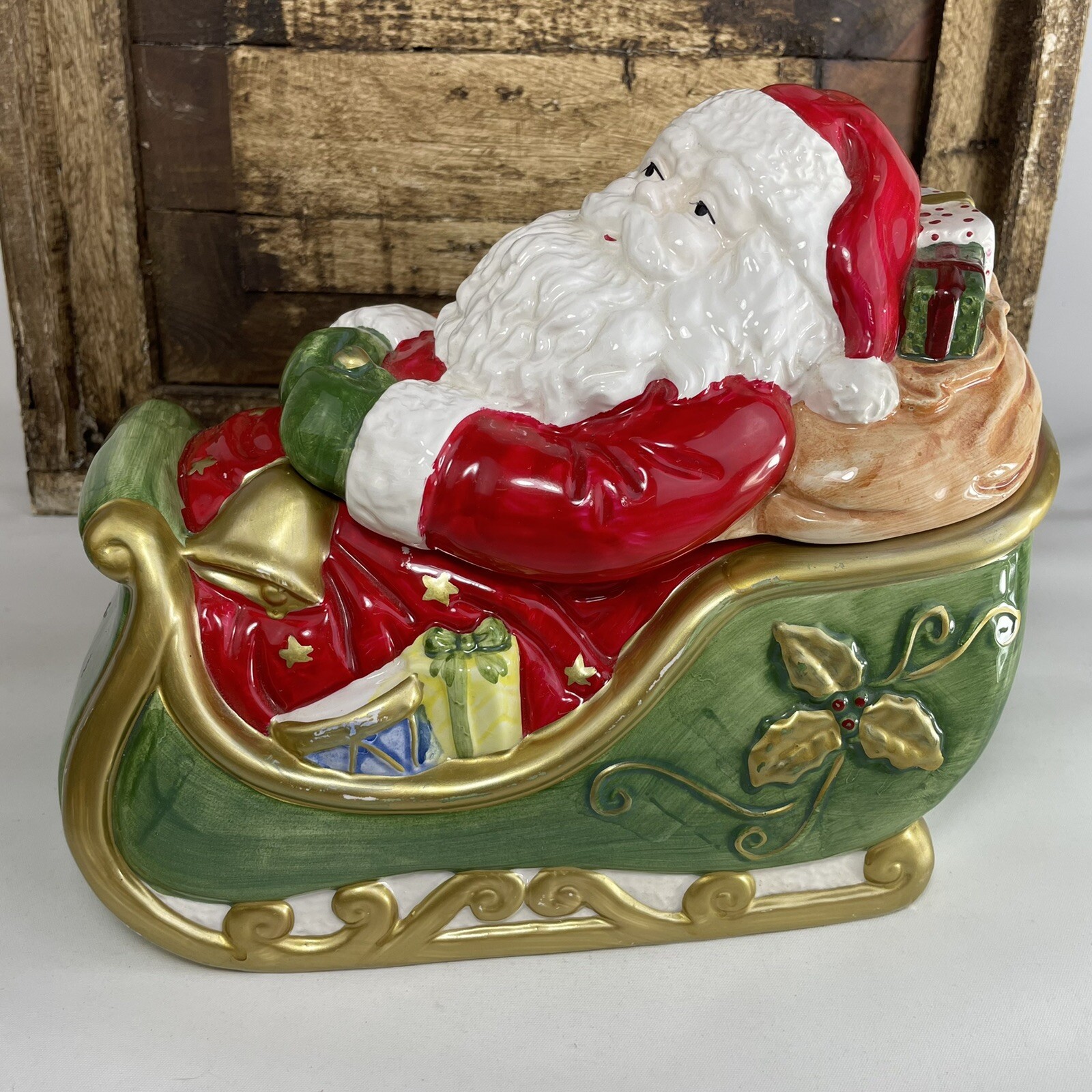 Santa Claus in Sleigh Cookie Jar With Christmas Presents Ceramic 8”x9.5”