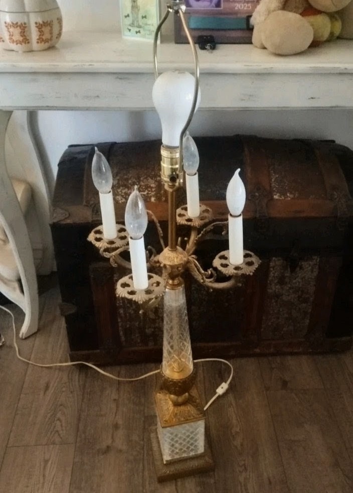 1970s Neoclassical Hollywood Regency Lamp Candelabra Brass/Crystal Lamps