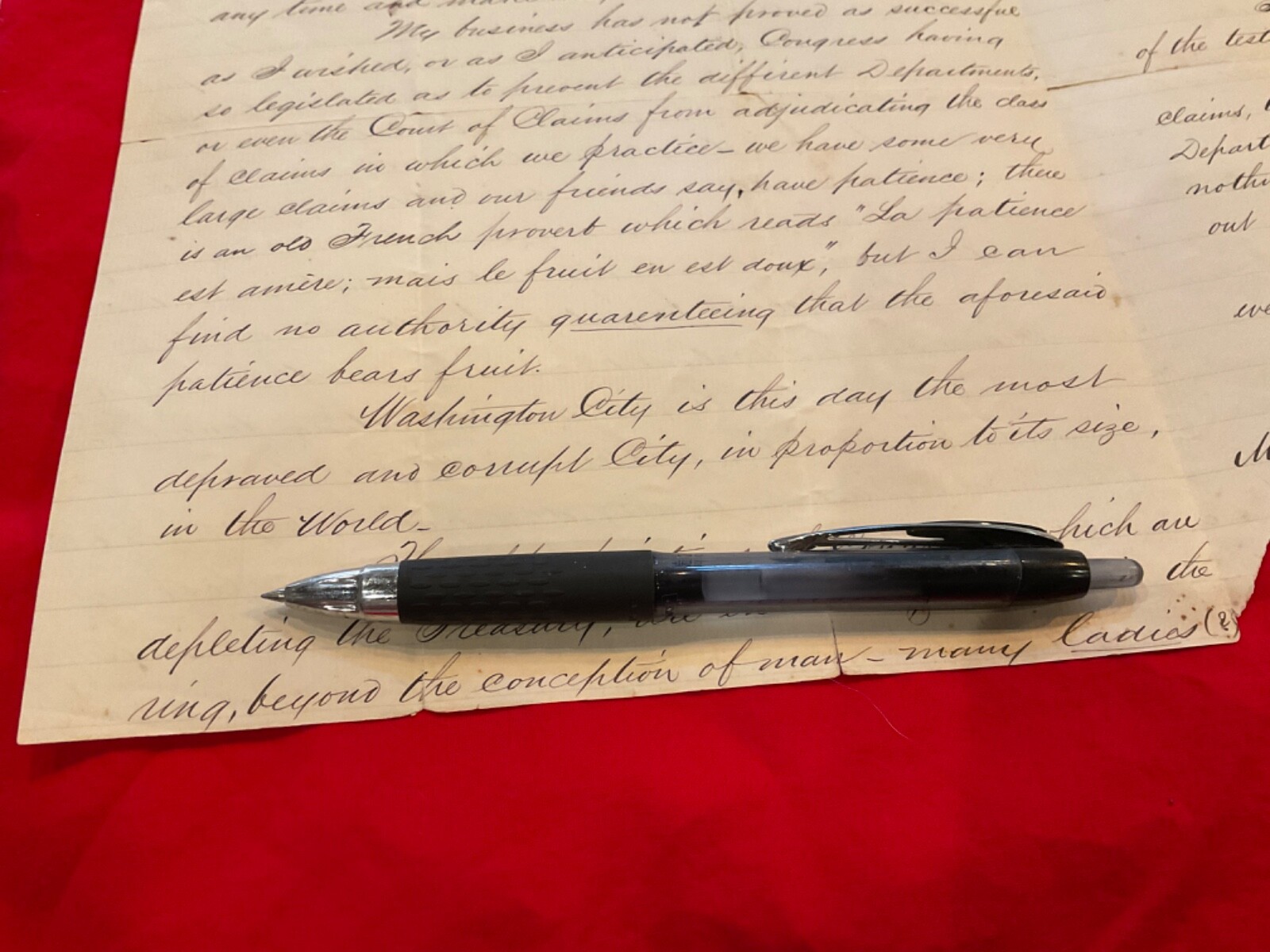 ANDREW JOHNSON DEPRAVITY & CORRUPTION LETTER WASHINGTON MOST CORRUPT TOWN