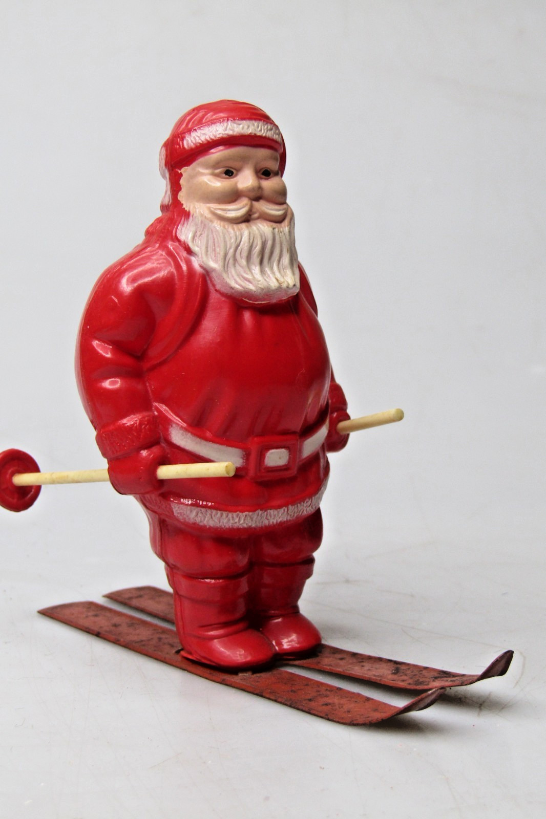 Vintage Irwin Hard Plastic Santa SKIER Metal Ski Christmas Ornament Figurine US