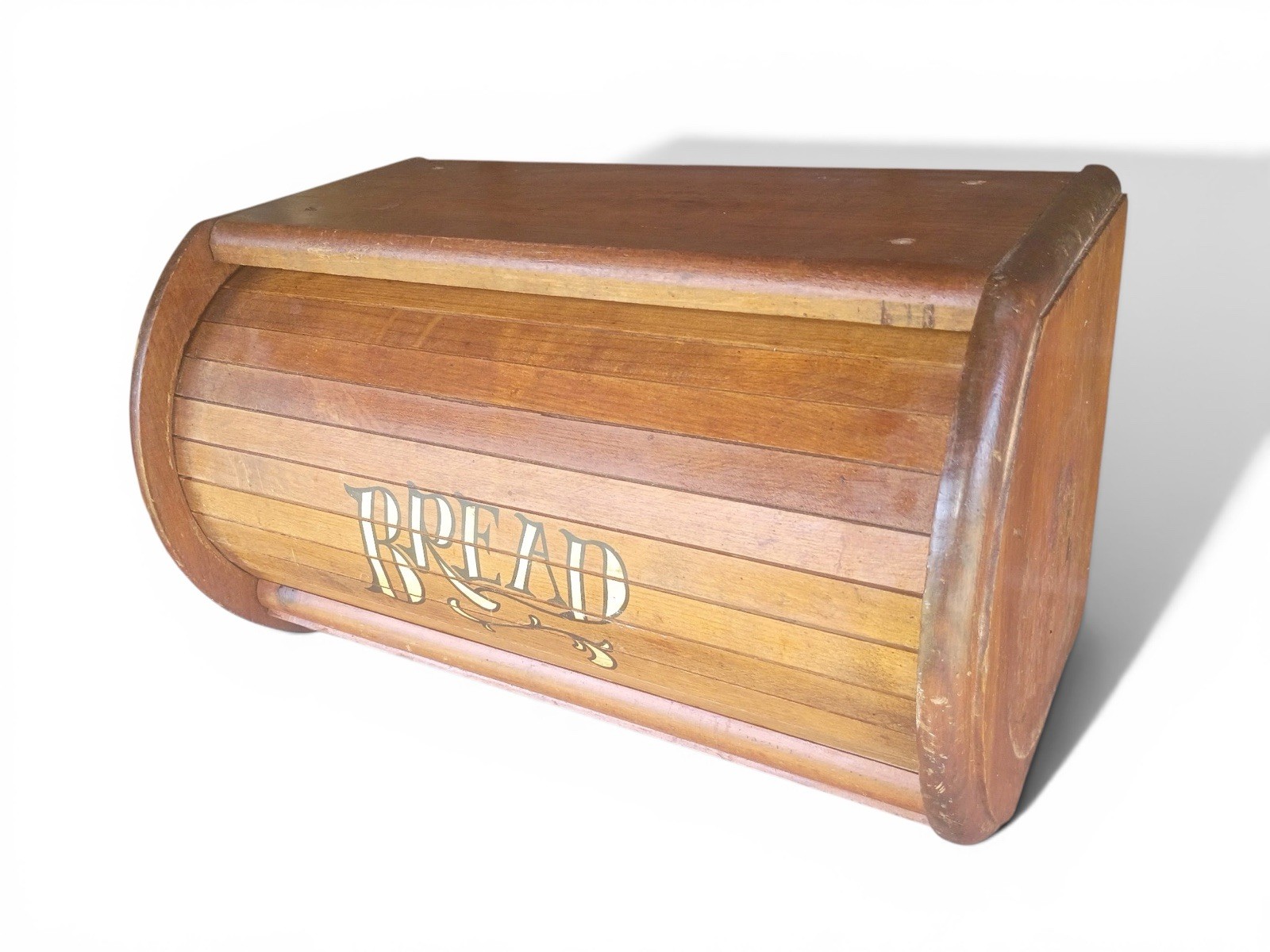 Vintage MCM Wooden Roll Top Bread Box BREAD Lettering Mountable Farmhouse